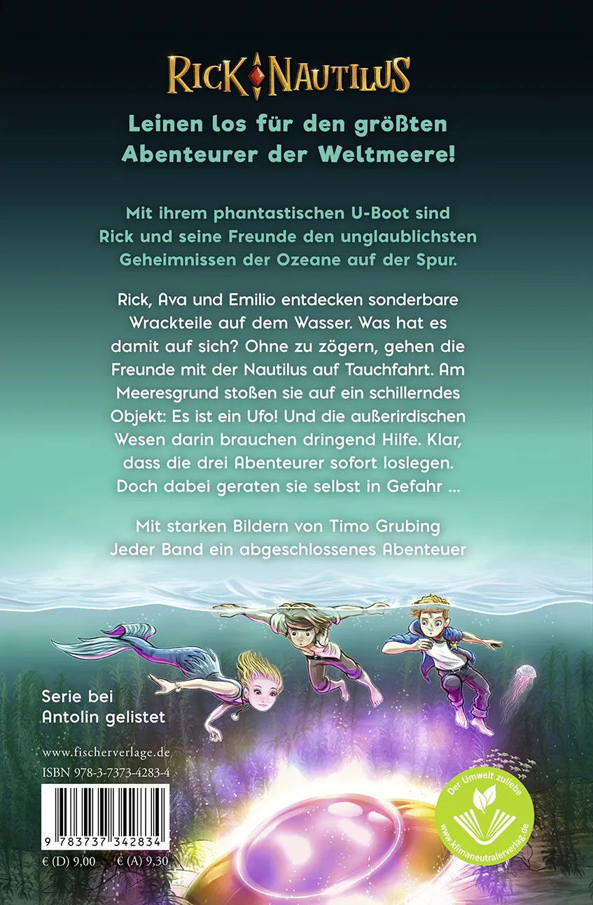 Buchrückseite von 'Rick Nautilus – Ufo in Seenot' mit Klappentext - Gebundene Ausgabe
