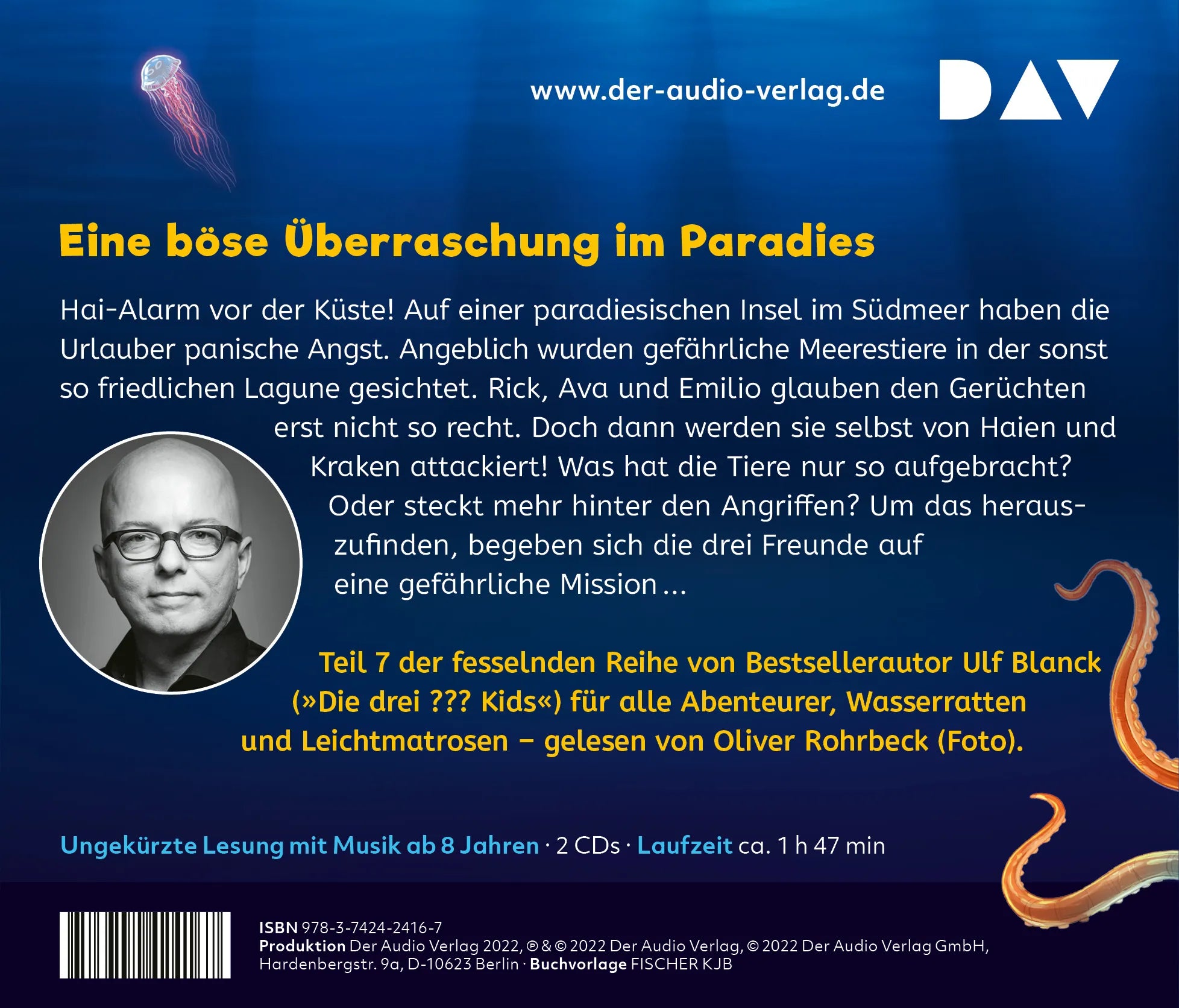 Buchrückseite von 'Rick Nautilus – Teil 7: Angriff der Haie' mit Klappentext - Hörbuch (CD)