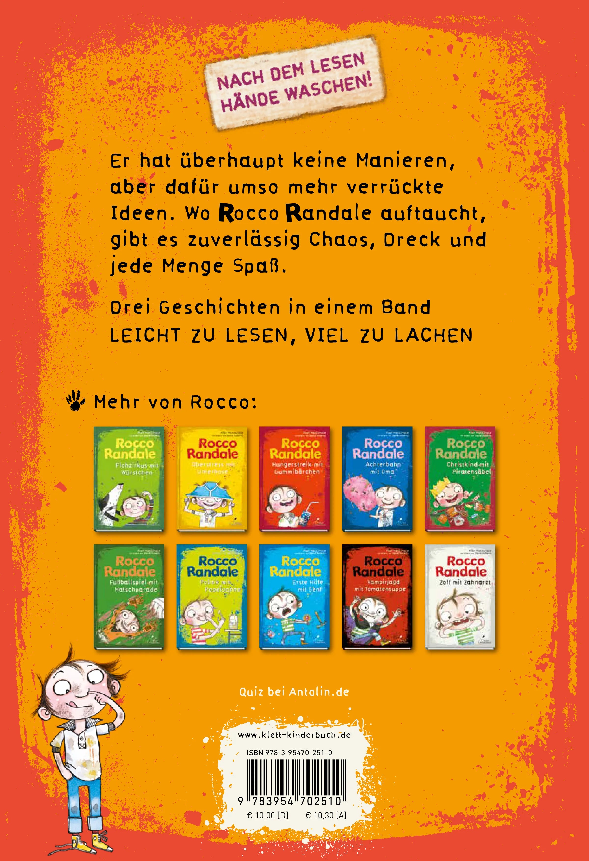Buchrückseite von 'Rocco Randale 01 - Mädchenparty mit Wurm' mit Klappentext - Gebundene Ausgabe