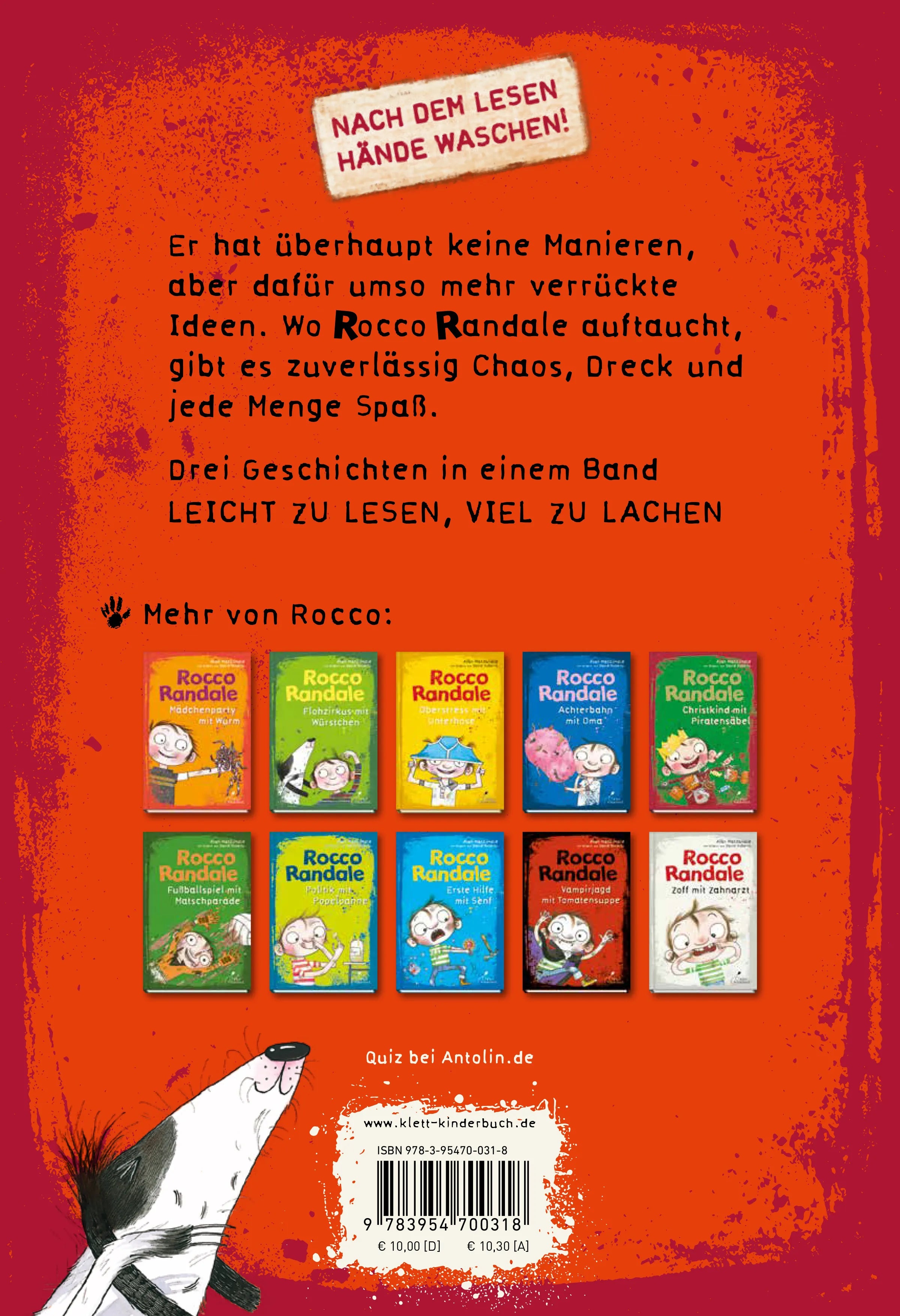 Buchrückseite von 'Rocco Randale 04 - Hungerstreik mit Gummibärchen' mit Klappentext - Gebundene Ausgabe