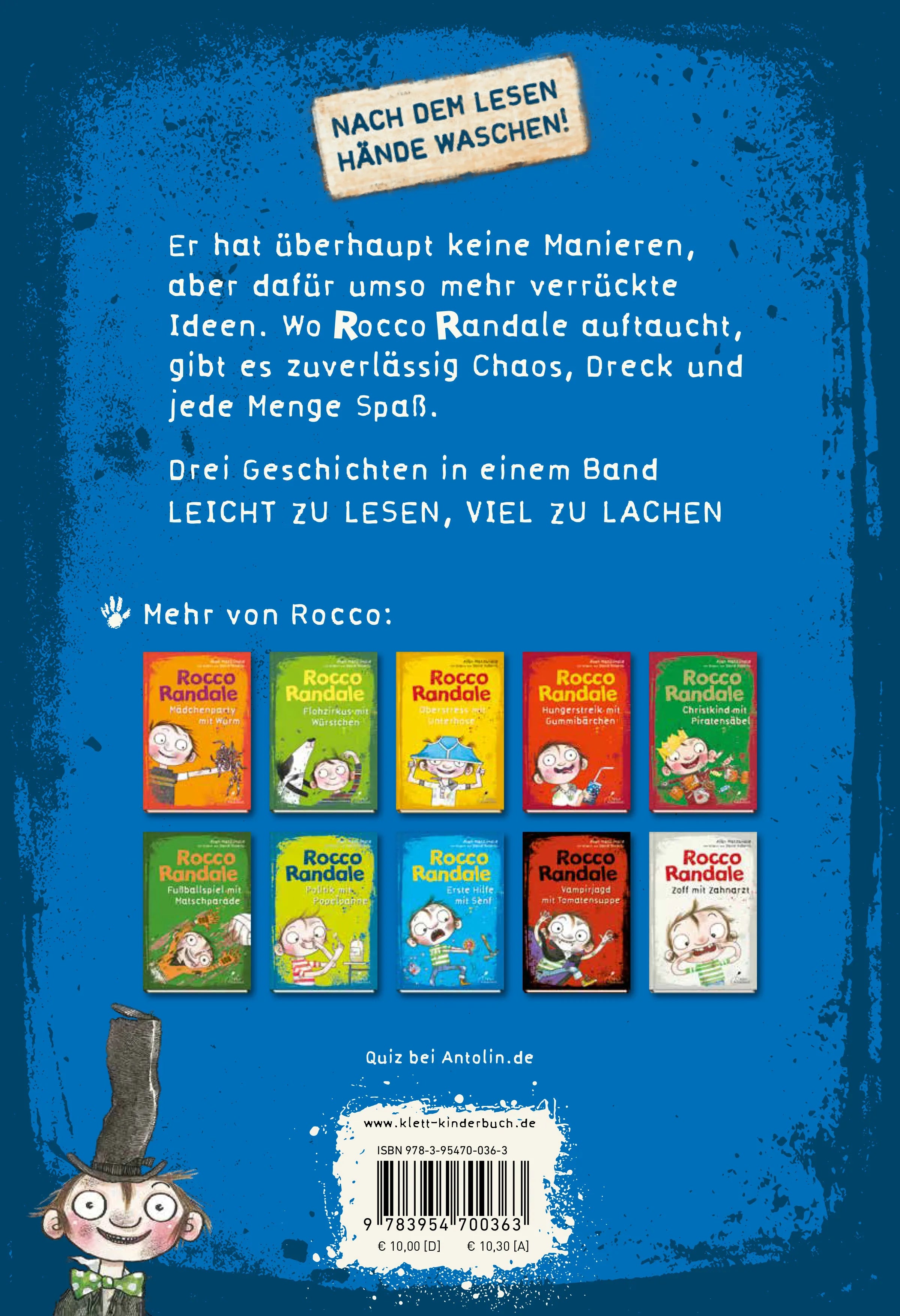 Buchrückseite von 'Rocco Randale 05 - Achterbahn mit Oma' mit Klappentext - Gebundene Ausgabe