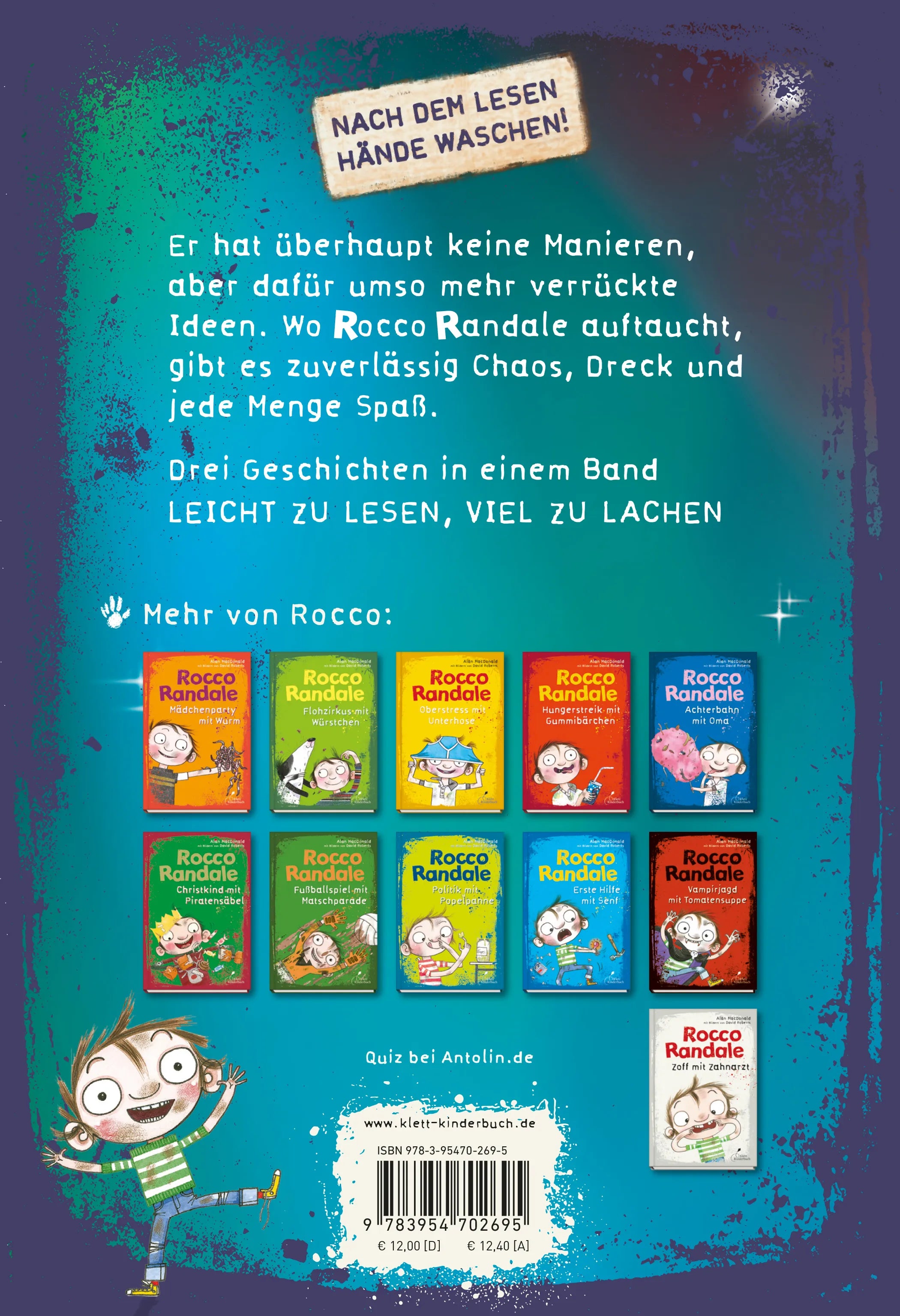 Buchrückseite von 'Rocco Randale 12 - Schulparty mit Peinlichkeiten' mit Klappentext - Gebundene Ausgabe