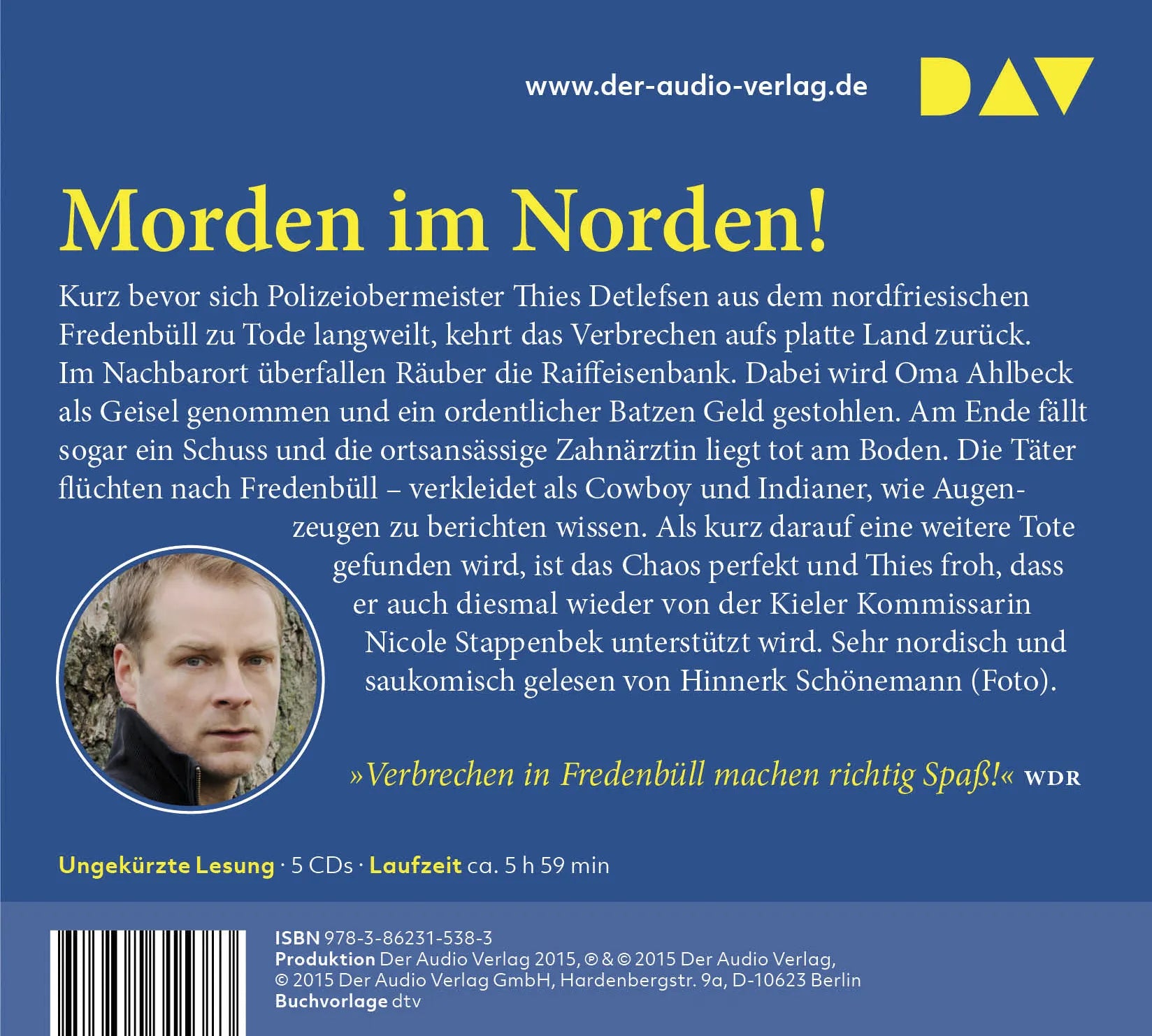 Buchrückseite von 'Rollmopskommando. Ein Küstenkrimi' mit Klappentext - Hörbuch (CD)