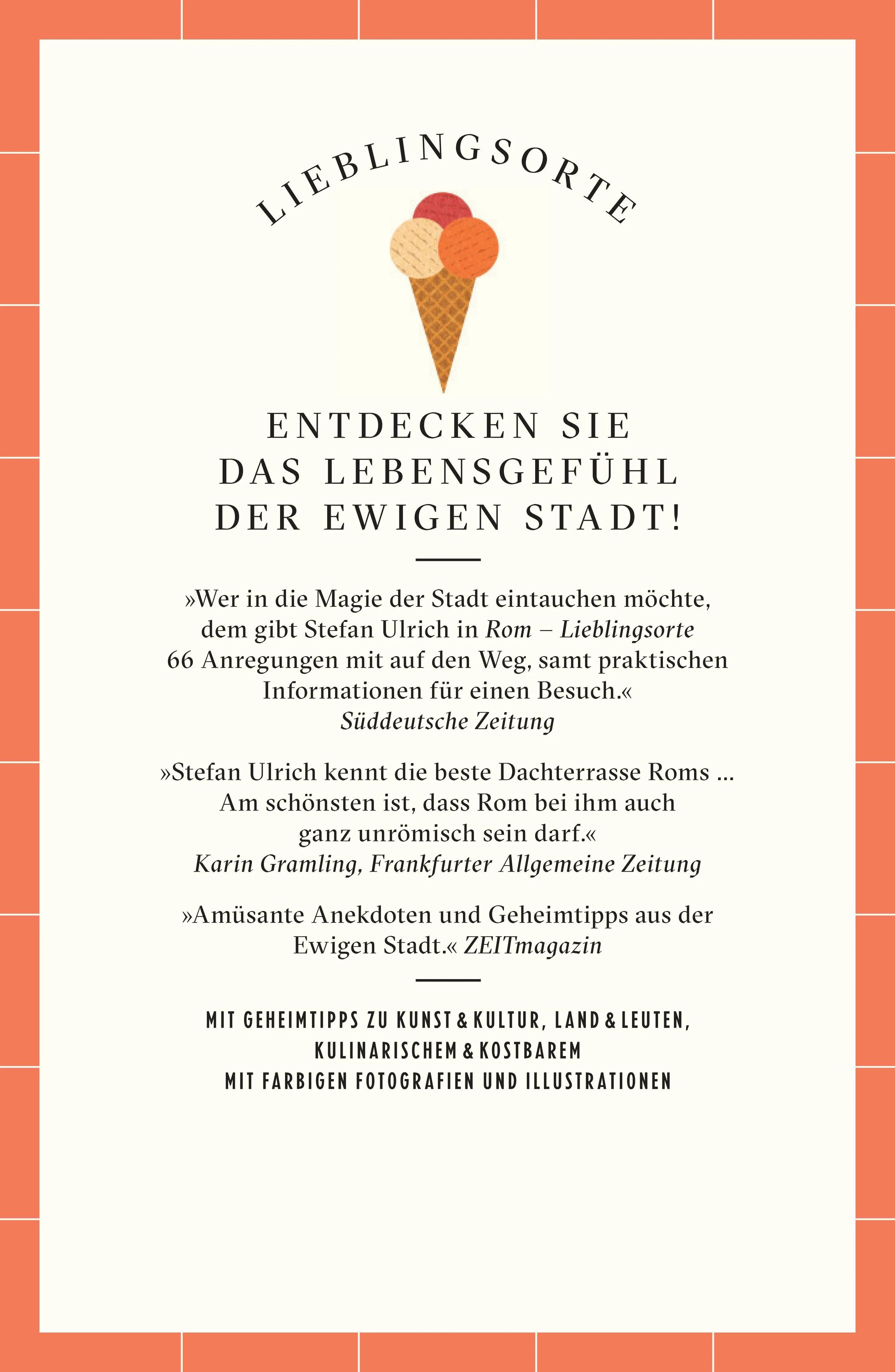 Buchrückseite von 'Rom Reiseführer LIEBLINGSORTE' mit Klappentext - Paperback