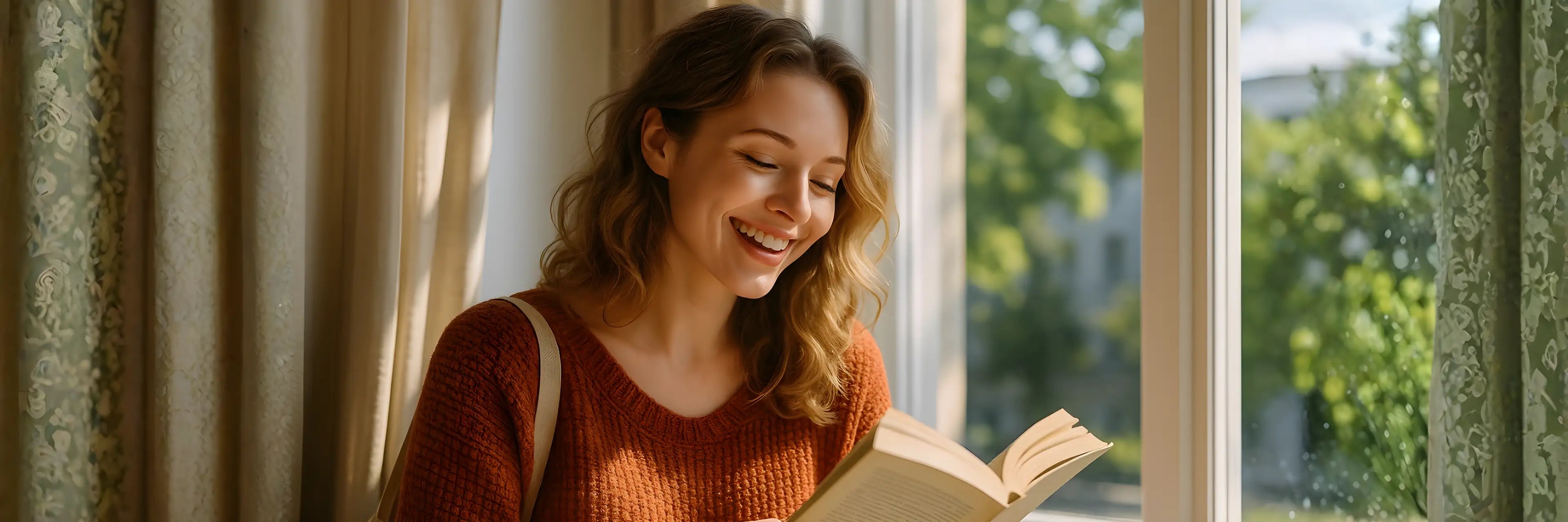 Banner der Romane und Erzählungen Kollektion: Glückliche Frau liest Buch am Fenster.