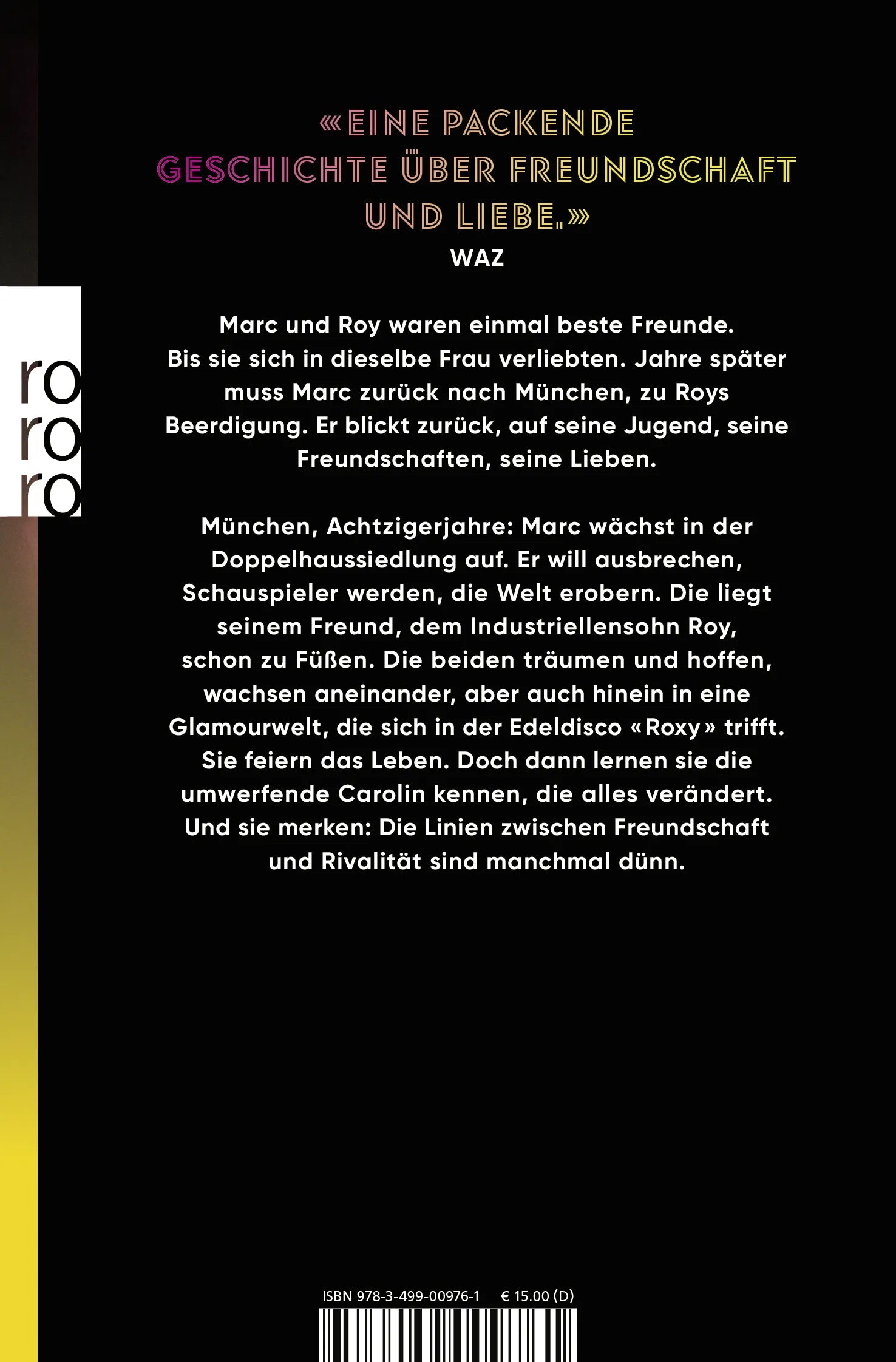 Buchrückseite von 'Roxy' mit Klappentext - Taschenbuch