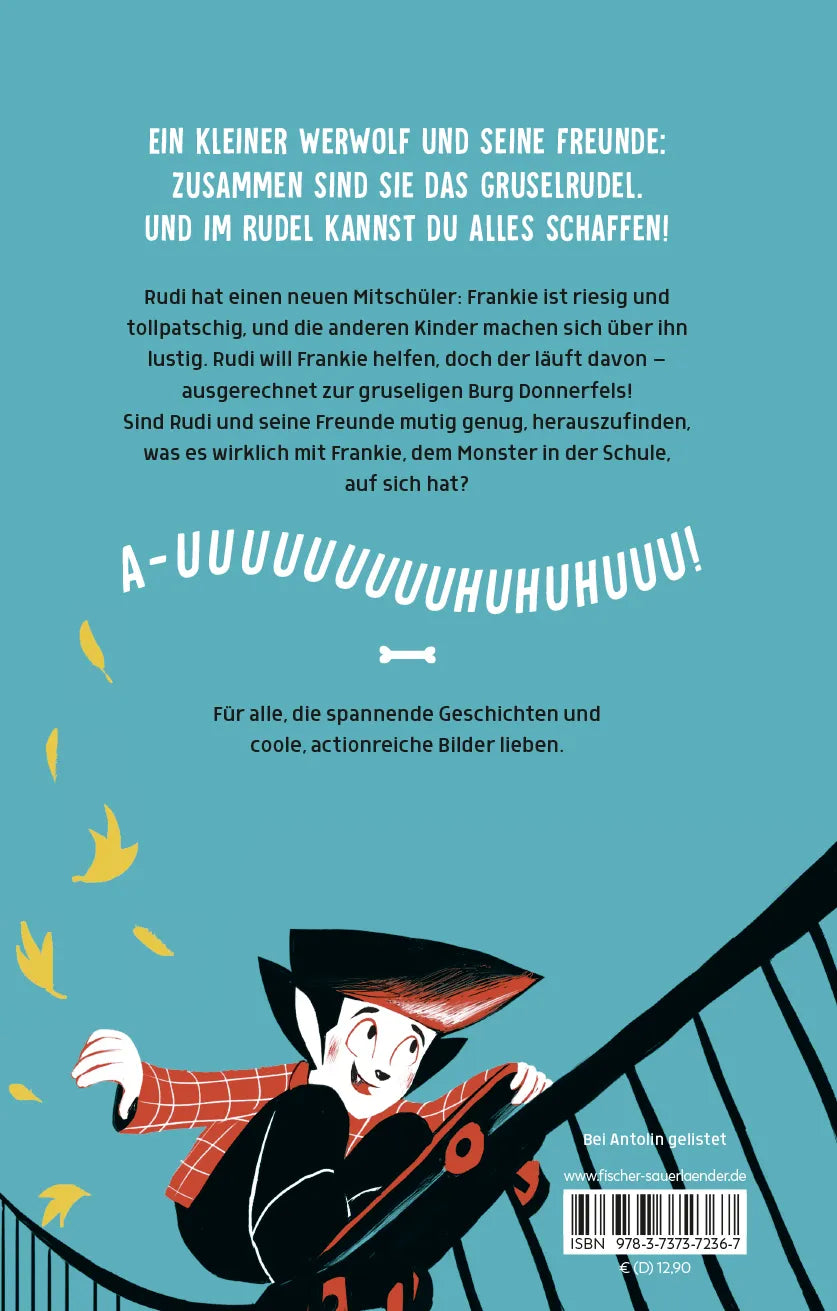 Buchrückseite von 'Rudi und das Gruselrudel − Ein Monster in der Schule' mit Klappentext - Gebundene Ausgabe