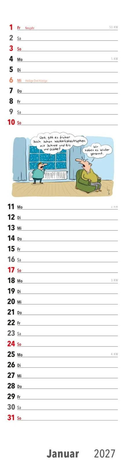 Ruhestand Streifenkalender 2027: Monatskalender für die Wand – Ansicht