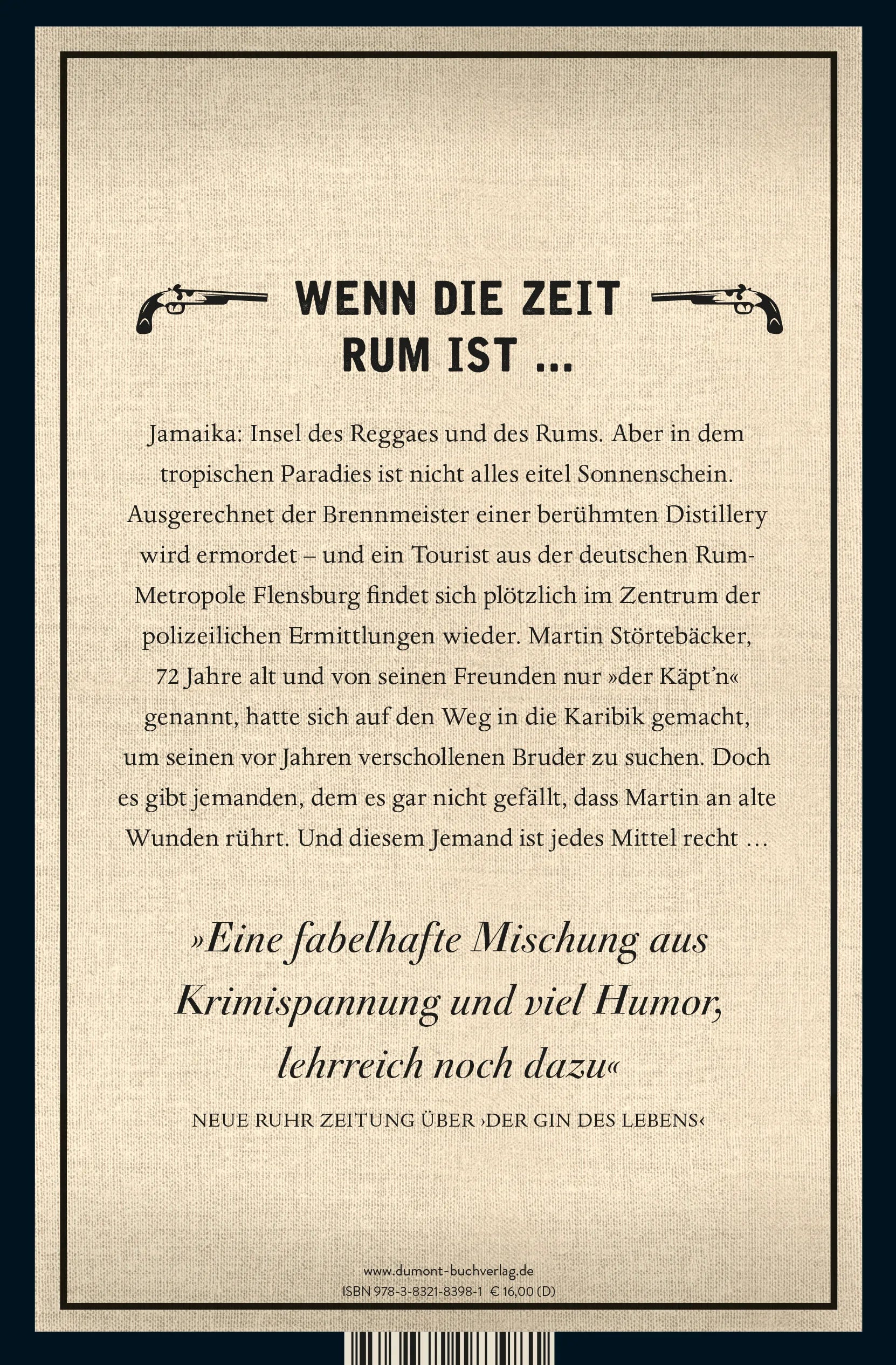 Buchrückseite von 'Rum oder Ehre' mit Klappentext - Paperback