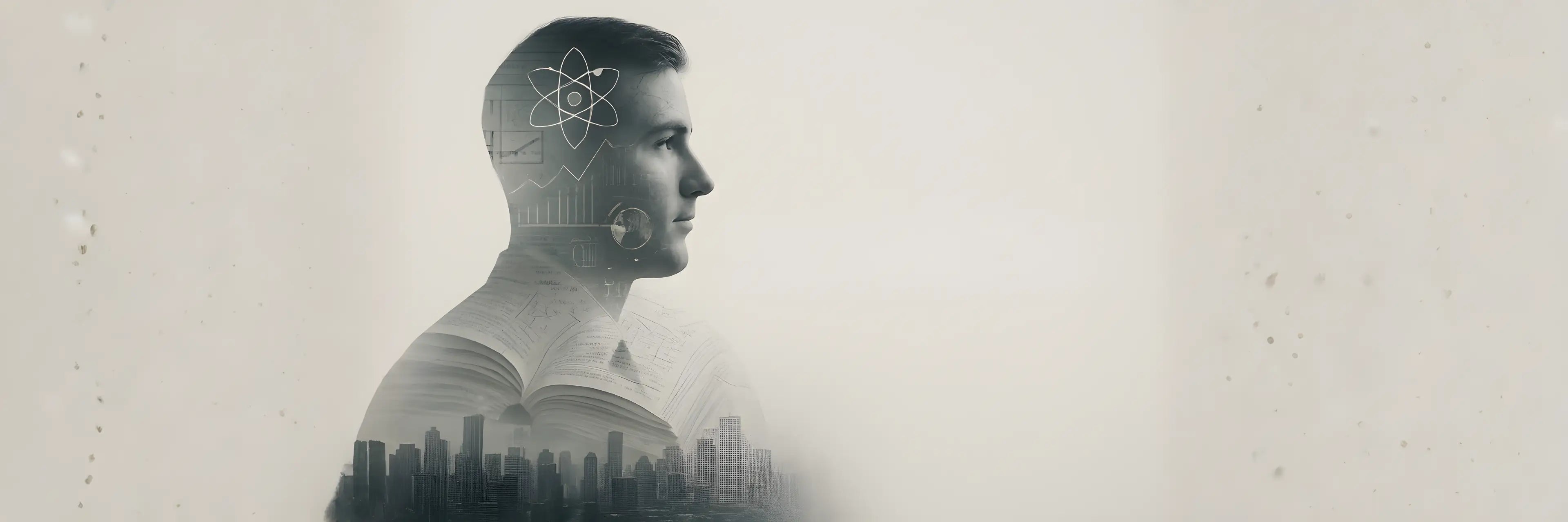 Sachbücher Kollektion Desktop Banner mit einer Silhouette und Wissenssymbolen für die Kategorie Übersicht.