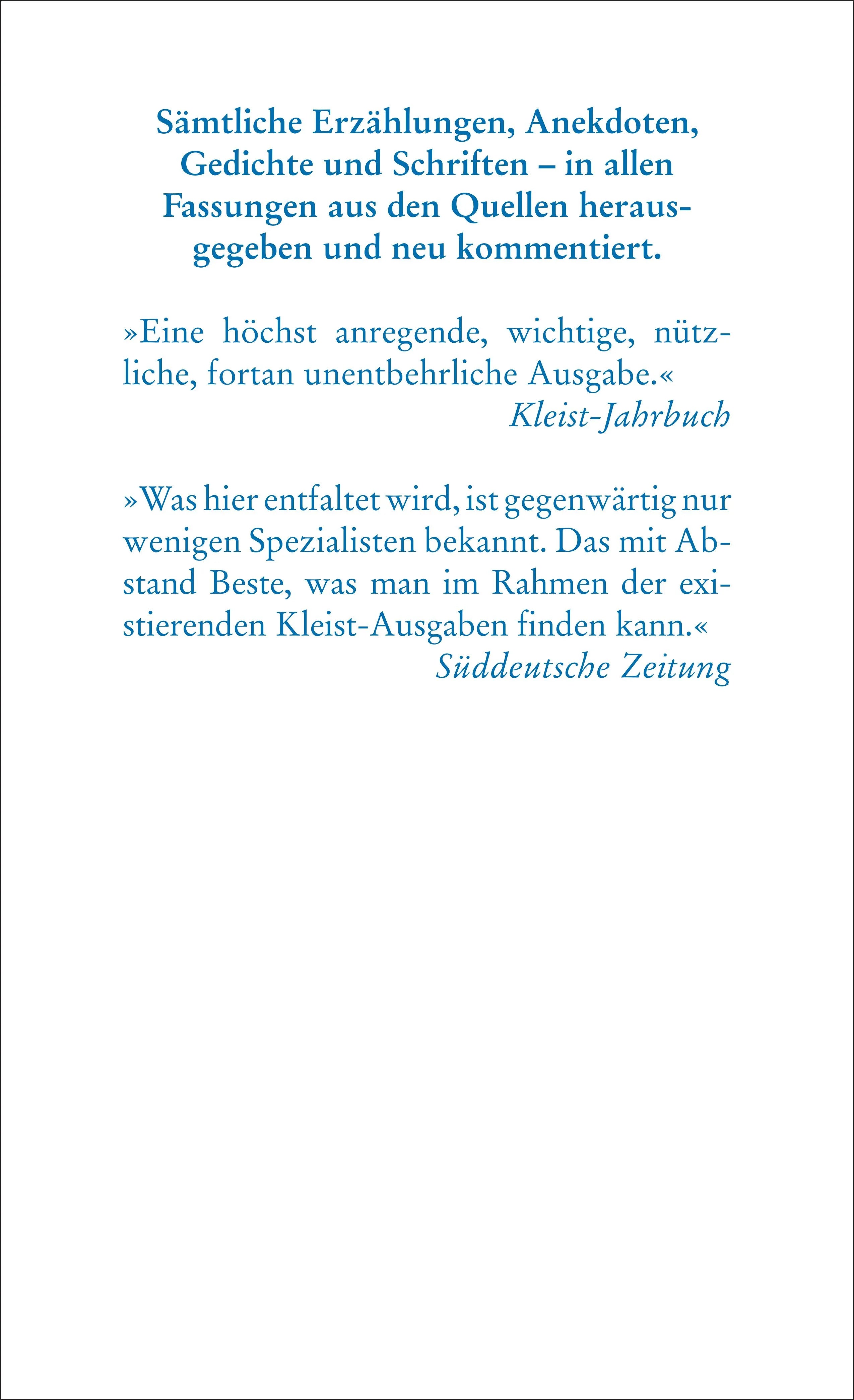 Buchrückseite von 'Sämtliche Erzählungen. Anekdoten. Gedichte. Schriften' mit Klappentext - Taschenbuch
