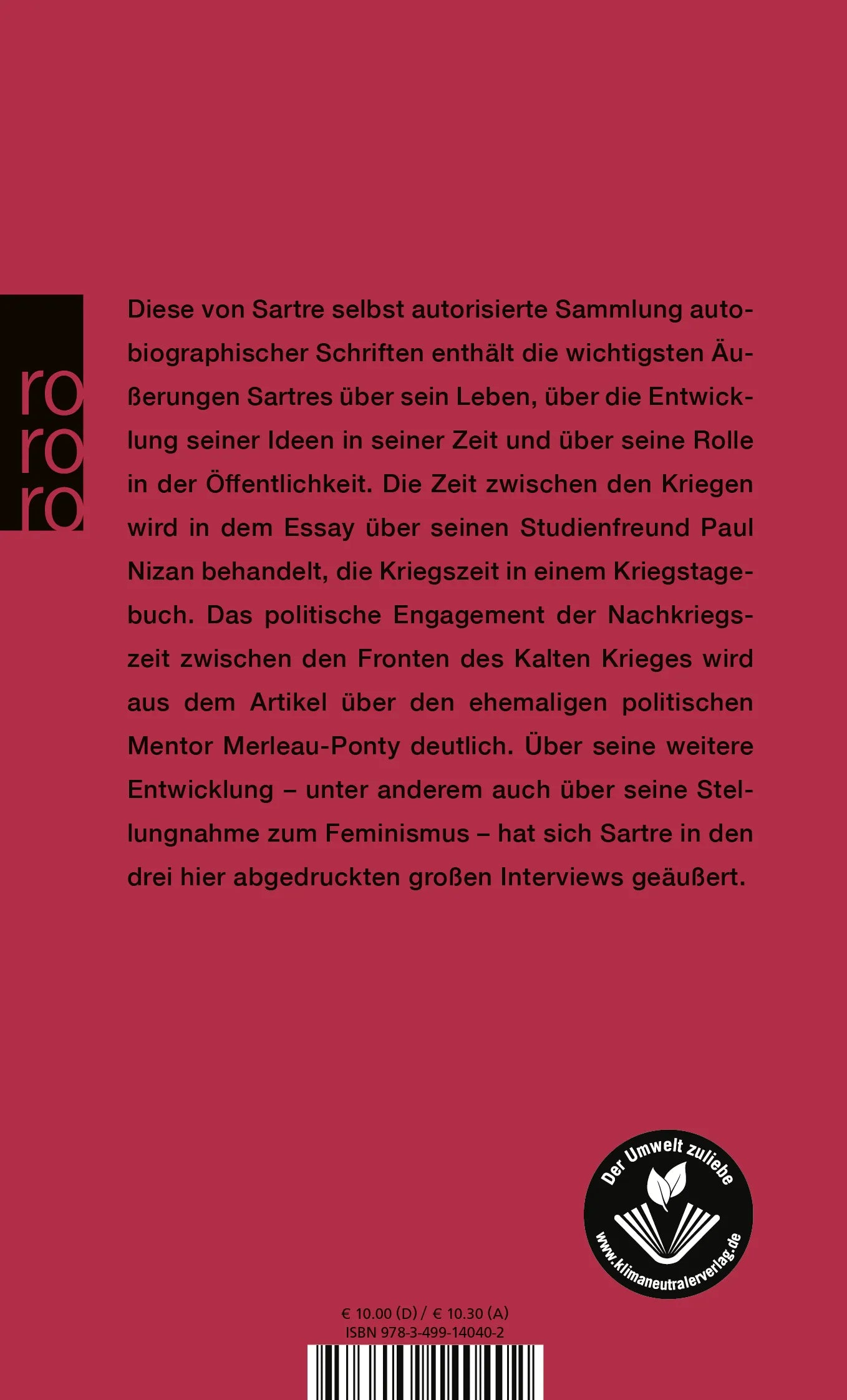 Buchrückseite von 'Sartre über Sartre' mit Klappentext - Taschenbuch