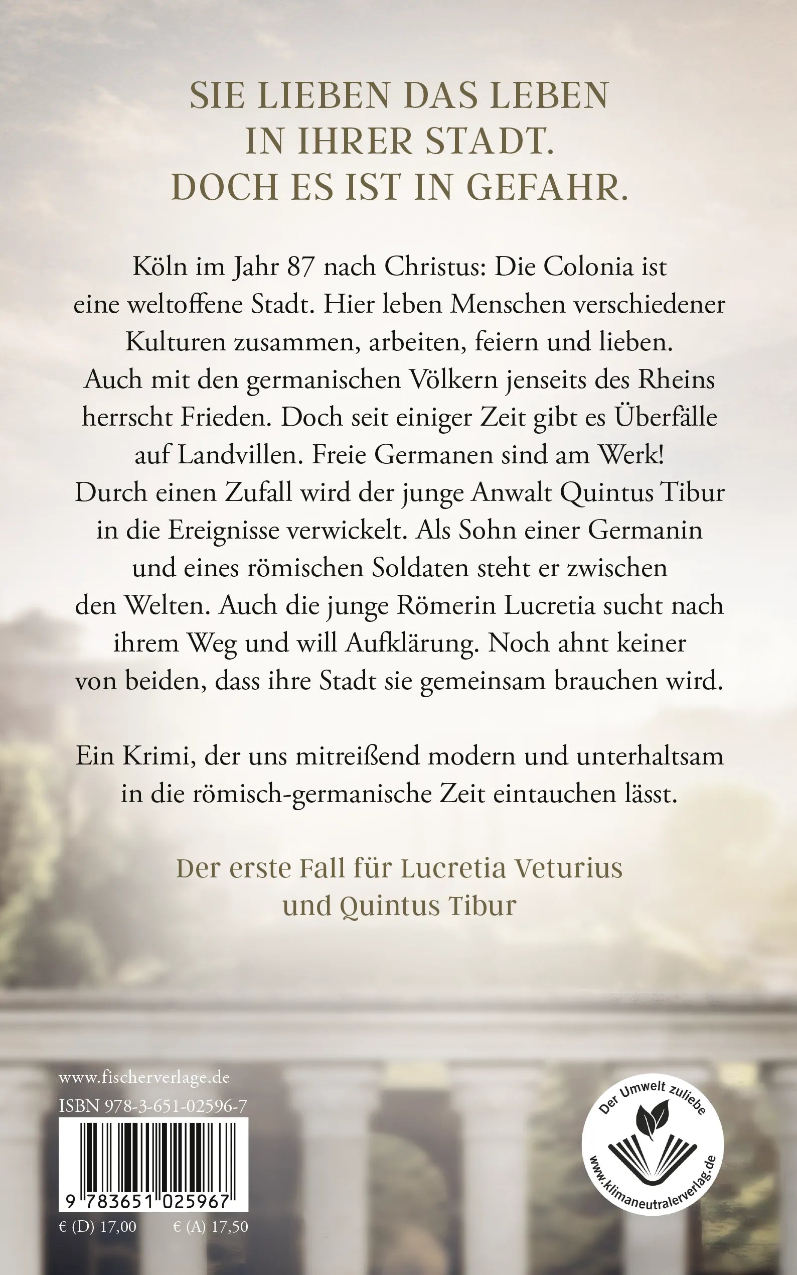 Buchrückseite von 'Schatten über Colonia – Ermittlungen am Rand des Römischen Reichs' mit Klappentext - Paperback