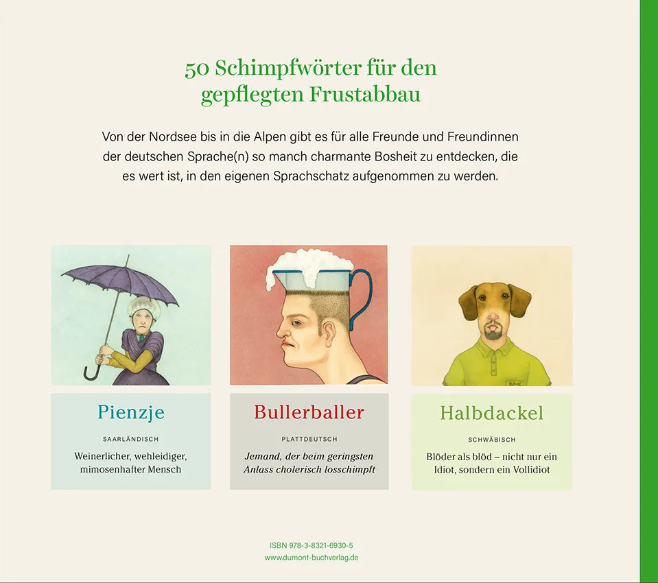 Buchrückseite von 'Schimpfwörter, die es nicht auf Hochdeutsch gibt' mit Klappentext - Gebundene Ausgabe