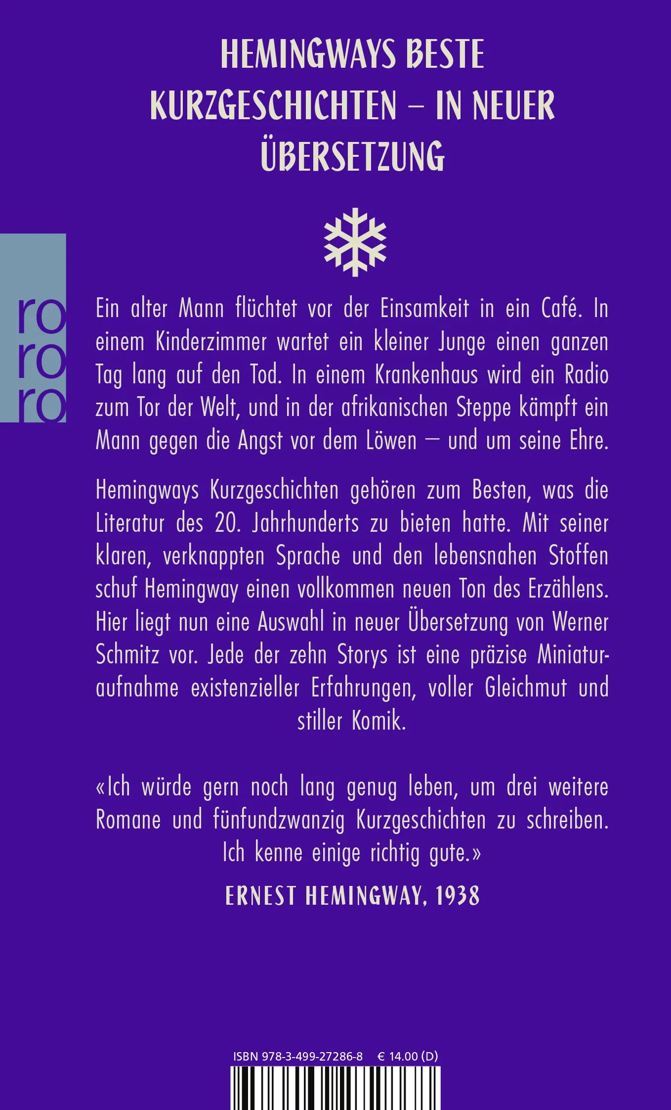 Buchrückseite von 'Schnee auf dem Kilimandscharo' mit Klappentext - Taschenbuch