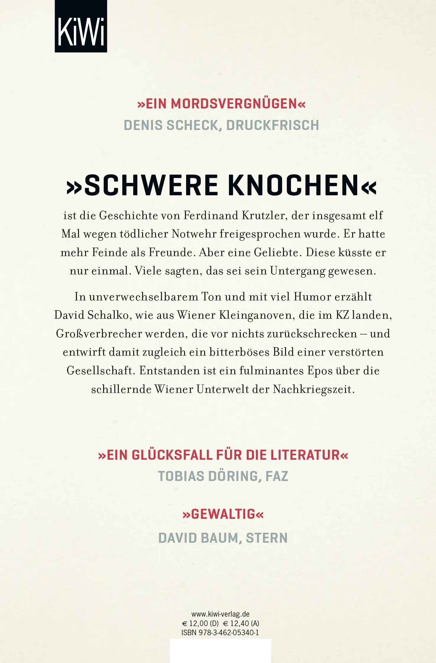 Buchrückseite von 'Schwere Knochen' mit Klappentext - Taschenbuch