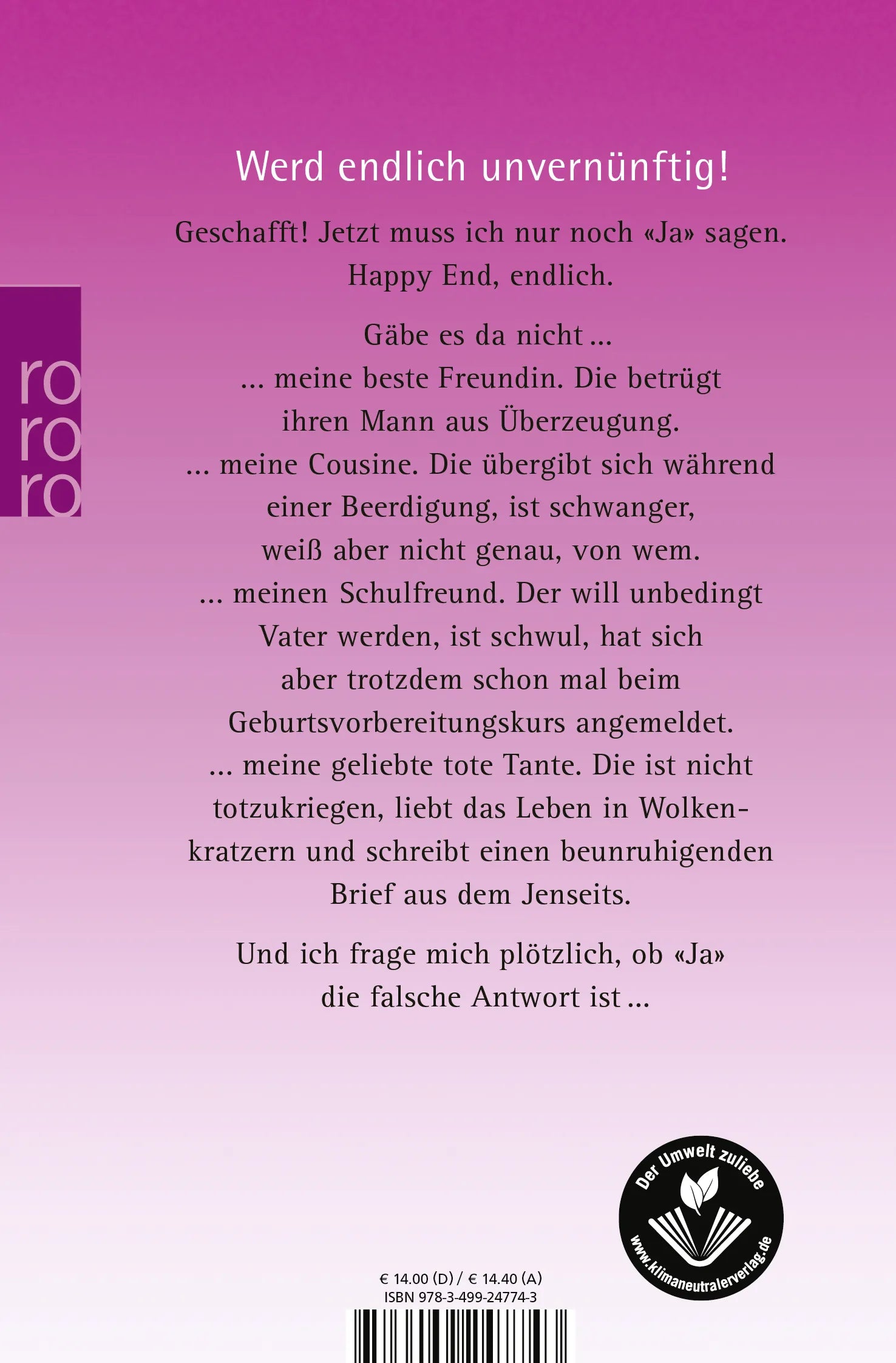 Buchrückseite von 'Schwerelos' mit Klappentext - Taschenbuch