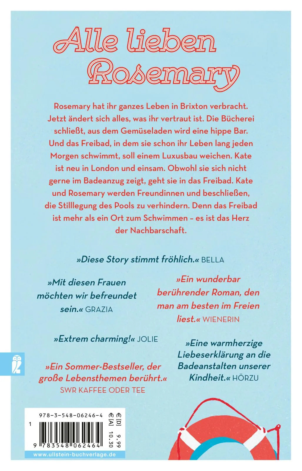 Buchrückseite von 'Schwimmen mit Rosemary' mit Klappentext - Taschenbuch