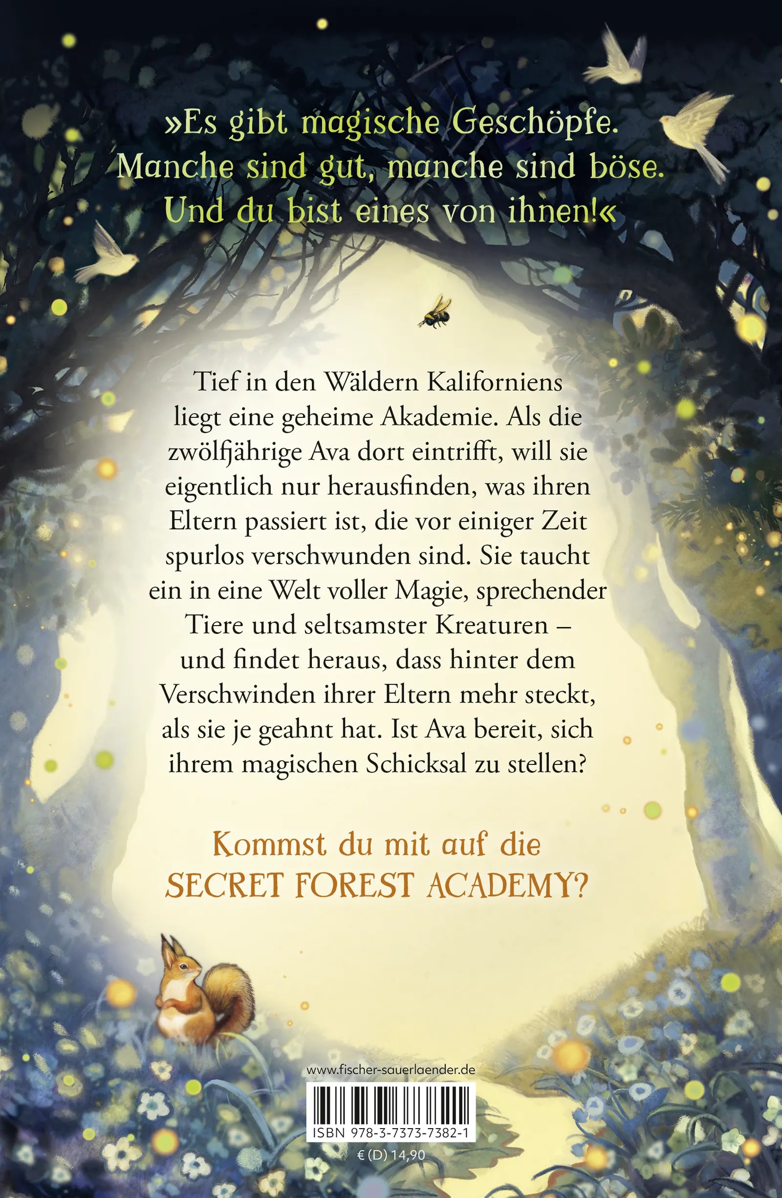Buchrückseite von 'Secret Forest Academy. Avas Bestimmung' mit Klappentext - Gebundene Ausgabe