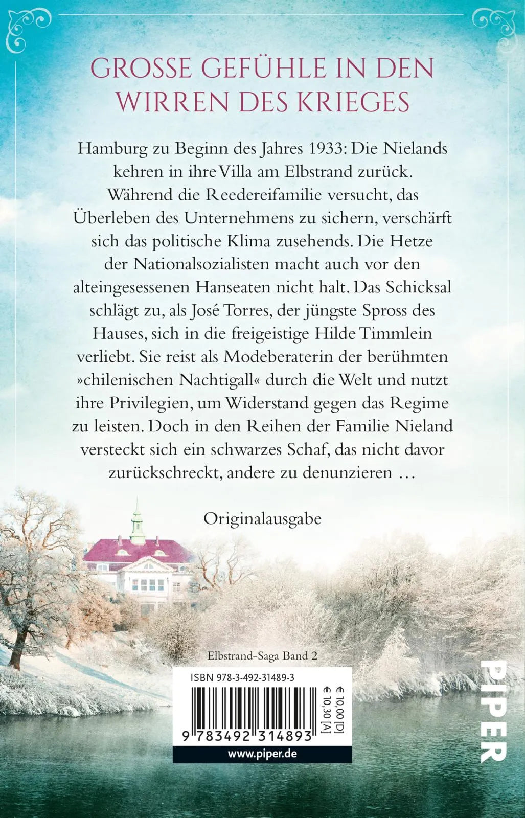 Buchrückseite von 'Sehnsucht nach der Villa am Elbstrand' mit Klappentext - Taschenbuch