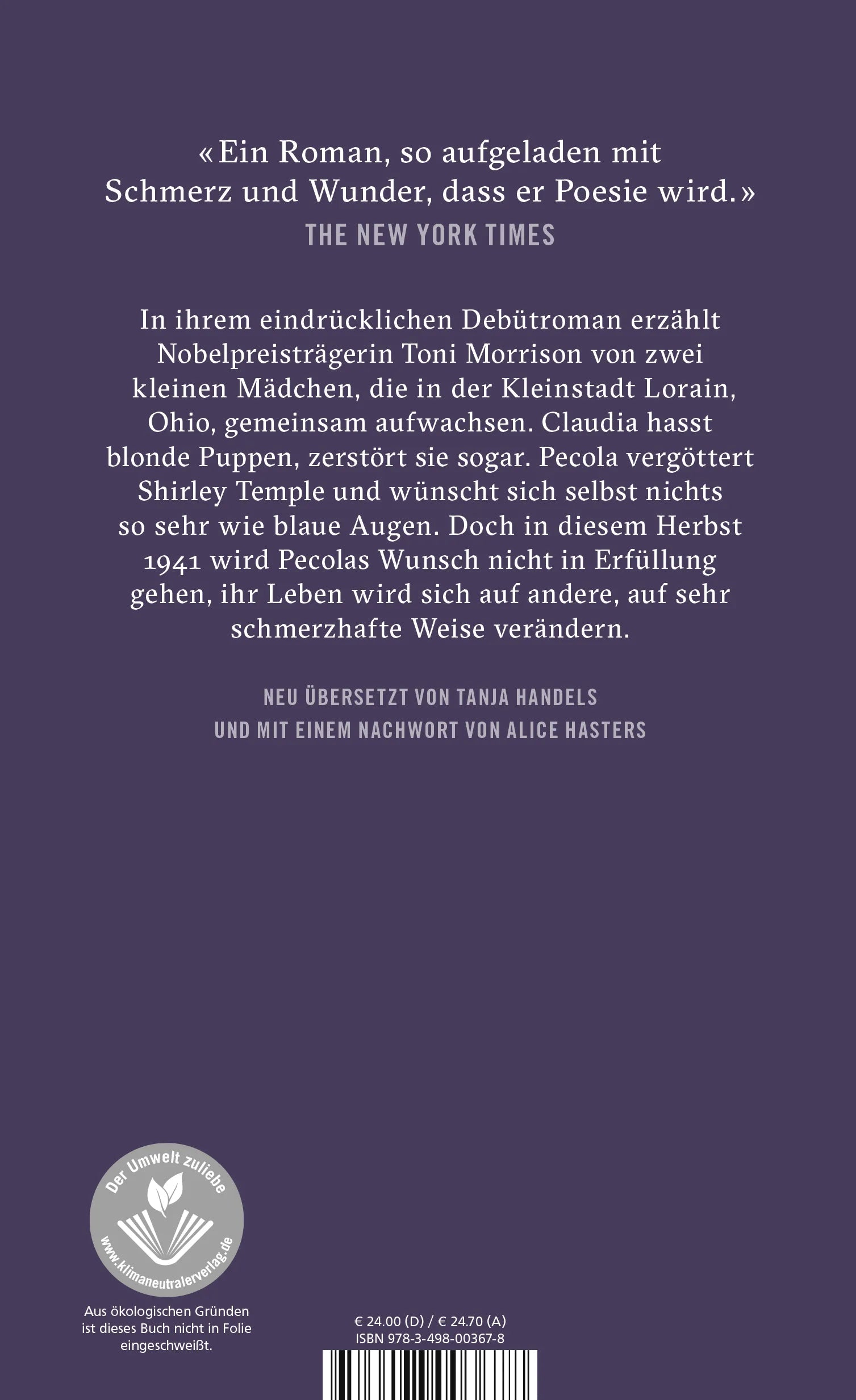 Buchrückseite von 'Sehr blaue Augen' mit Klappentext - Gebundene Ausgabe