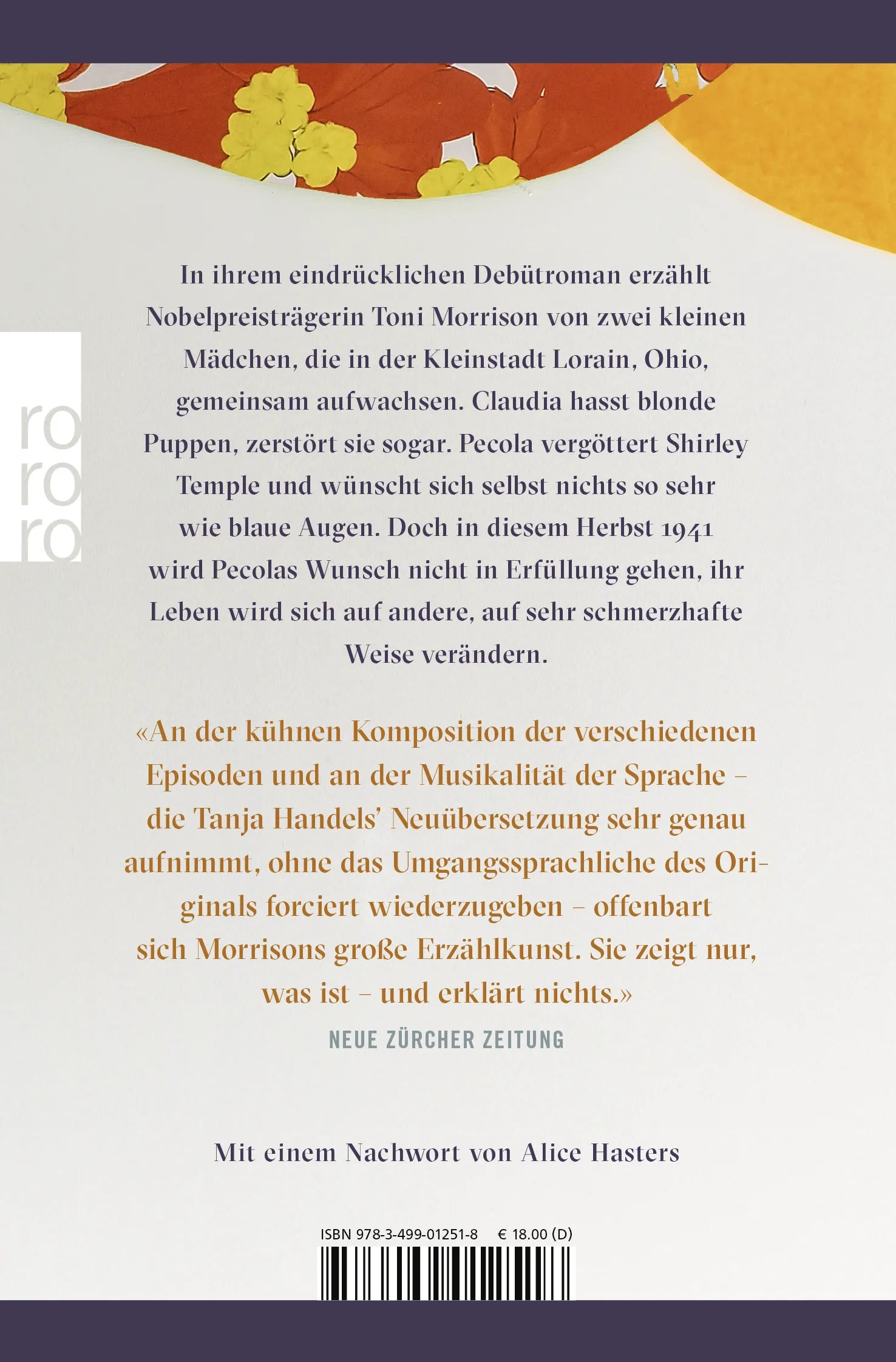 Buchrückseite von 'Sehr blaue Augen' mit Klappentext - Taschenbuch