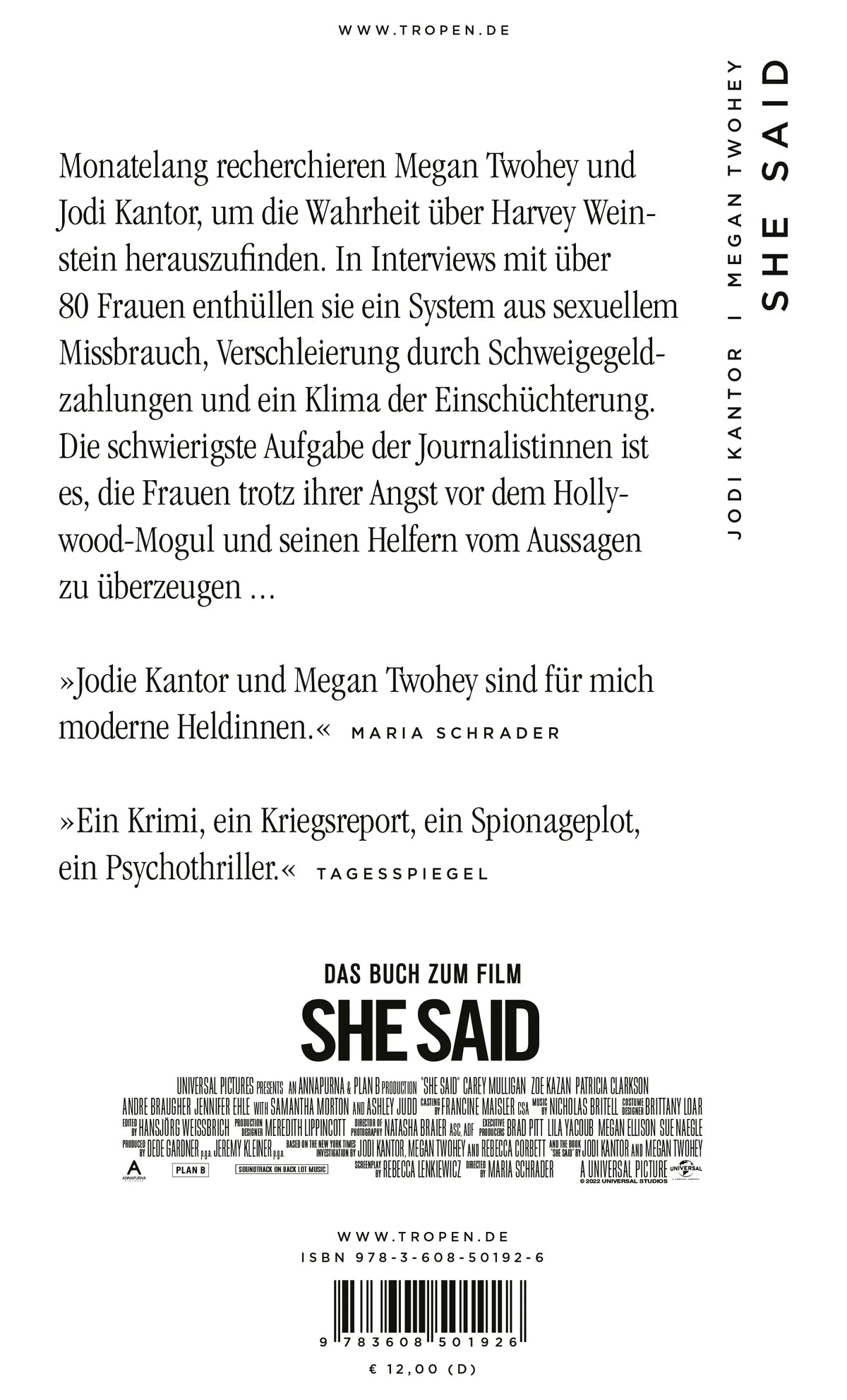 Buchrückseite von 'She Said' mit Klappentext - Taschenbuch