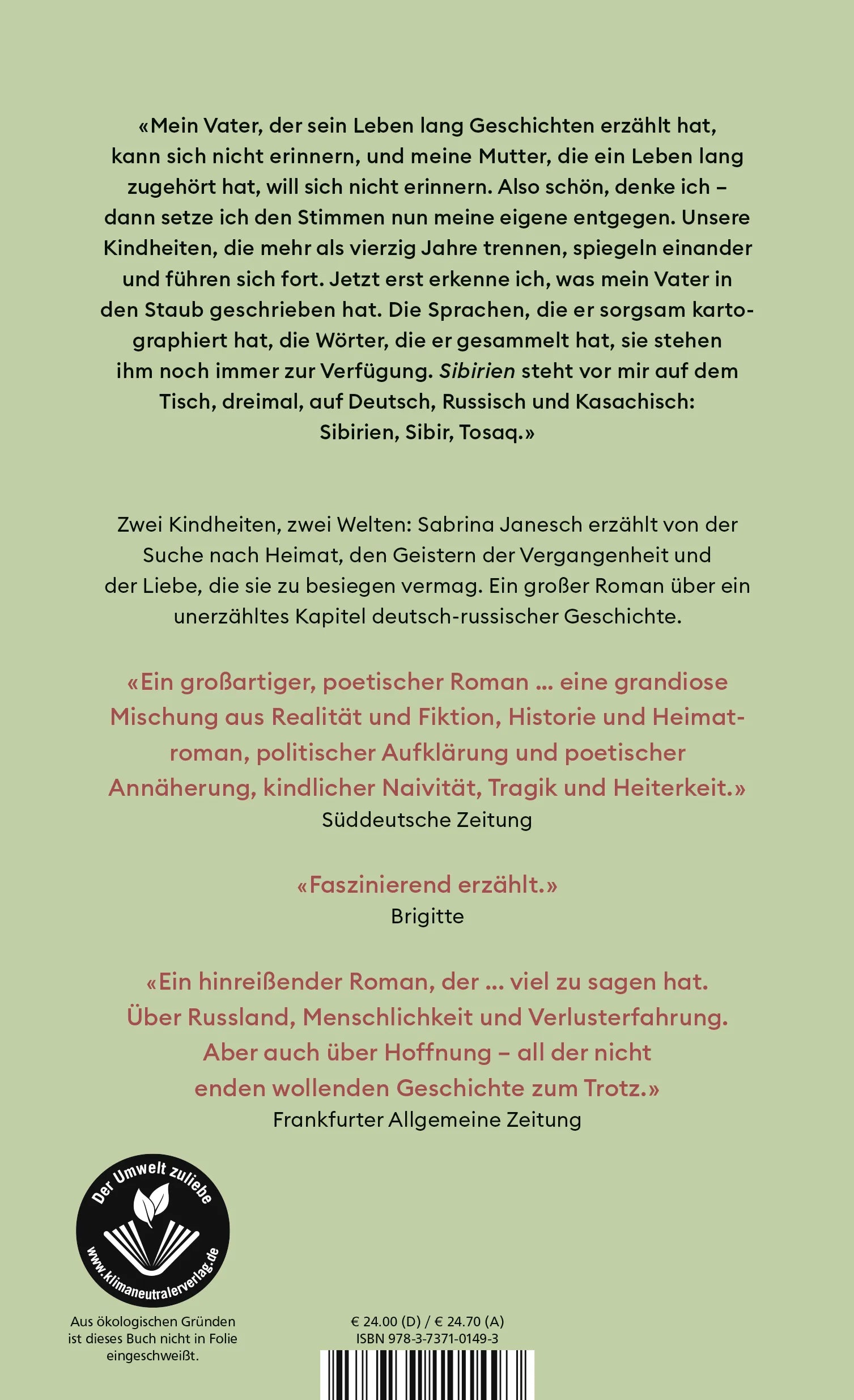 Buchrückseite von 'Sibir' mit Klappentext - Gebundene Ausgabe