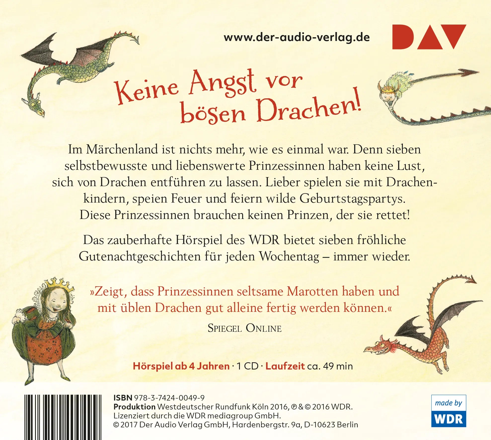 Buchrückseite von 'Sieben Prinzessinnen und jede Menge Drachen' mit Klappentext - Hörbuch (CD)