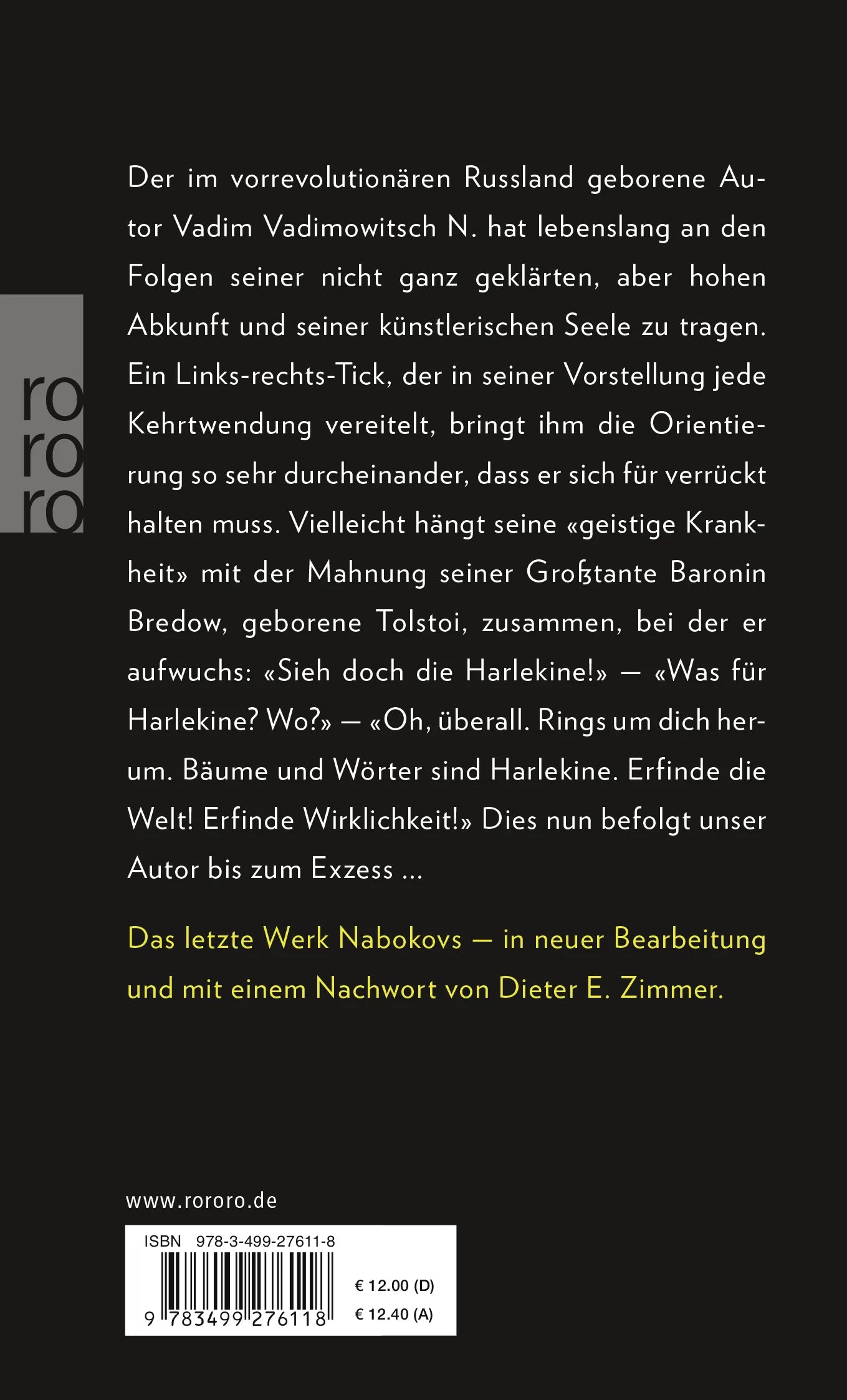 Buchrückseite von 'Sieh doch die Harlekine!' mit Klappentext - Taschenbuch