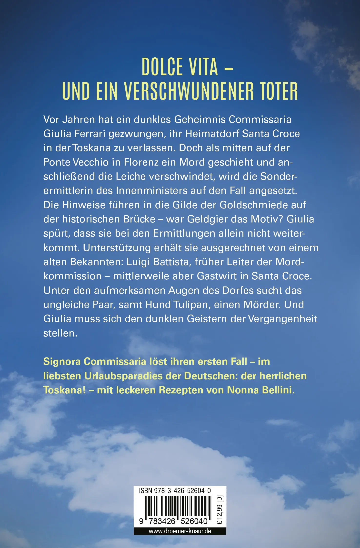 Buchrückseite von 'Signora Commissaria und die dunklen Geister' mit Klappentext - Taschenbuch