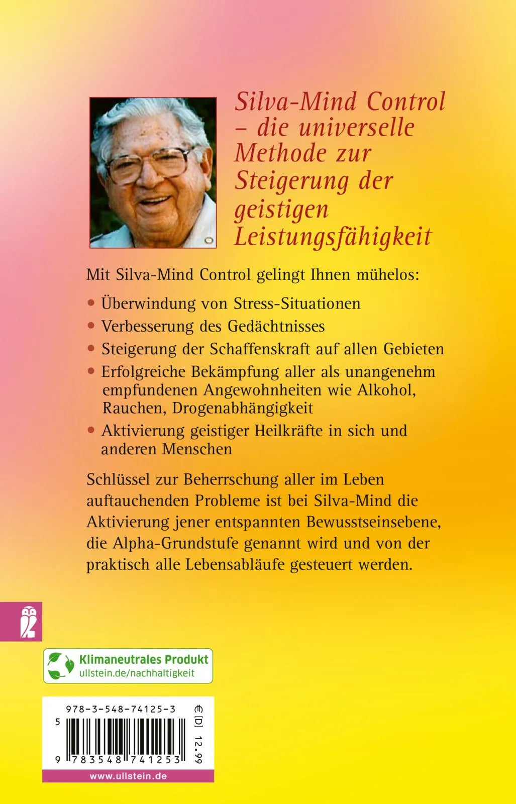 Buchrückseite von 'Silva Mind Control' mit Klappentext - Taschenbuch