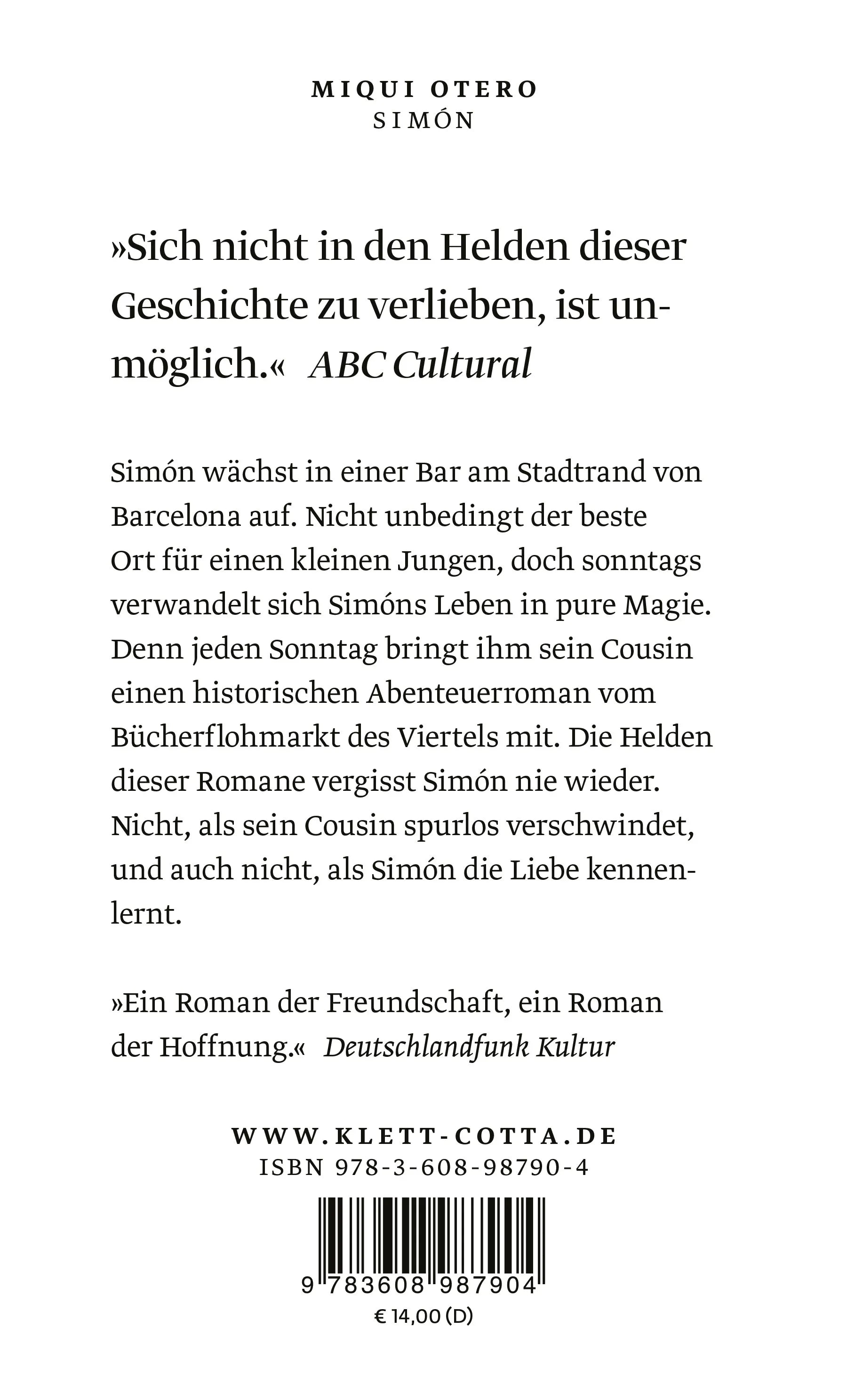Buchrückseite von 'Simón' mit Klappentext - Taschenbuch