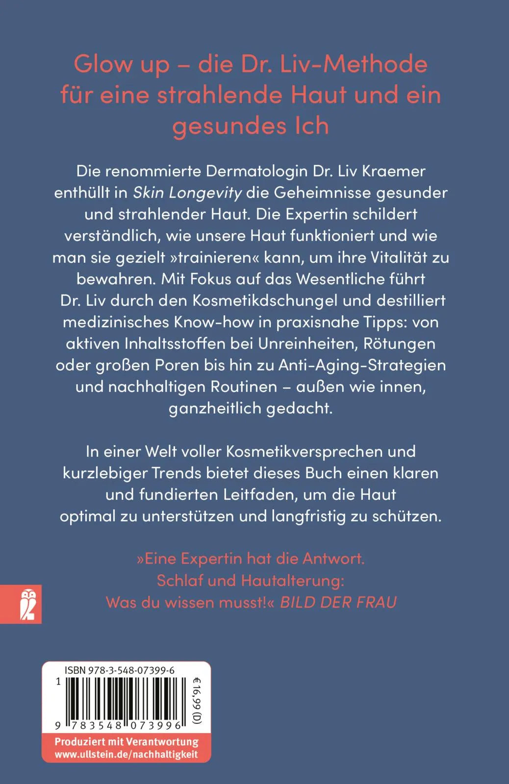 Buchrückseite von 'Skin Longevity' mit Klappentext - Taschenbuch