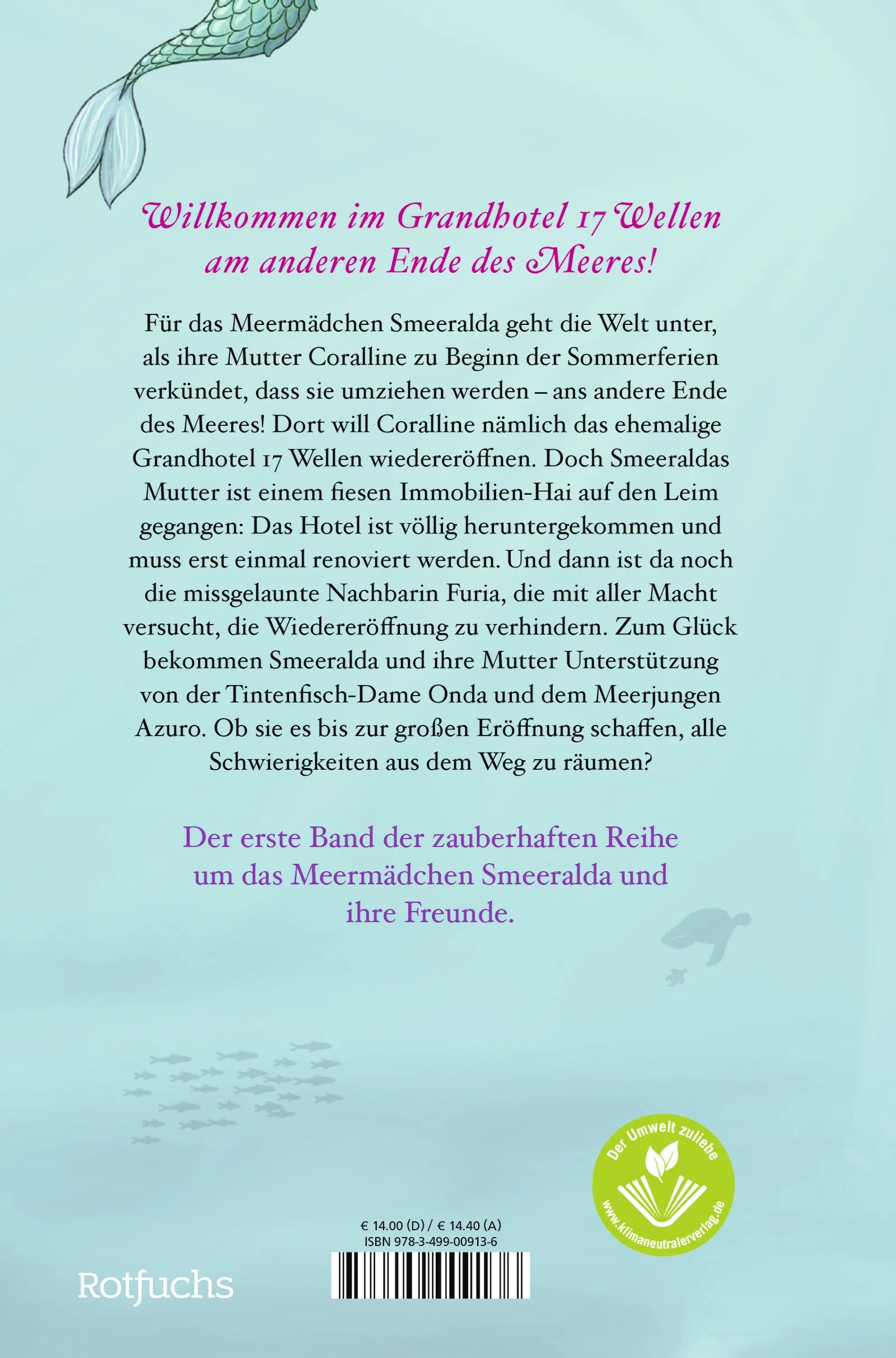 Buchrückseite von 'Smeeralda und die 17 Wellen: Alle Flossen voll zu tun' mit Klappentext - Gebundene Ausgabe