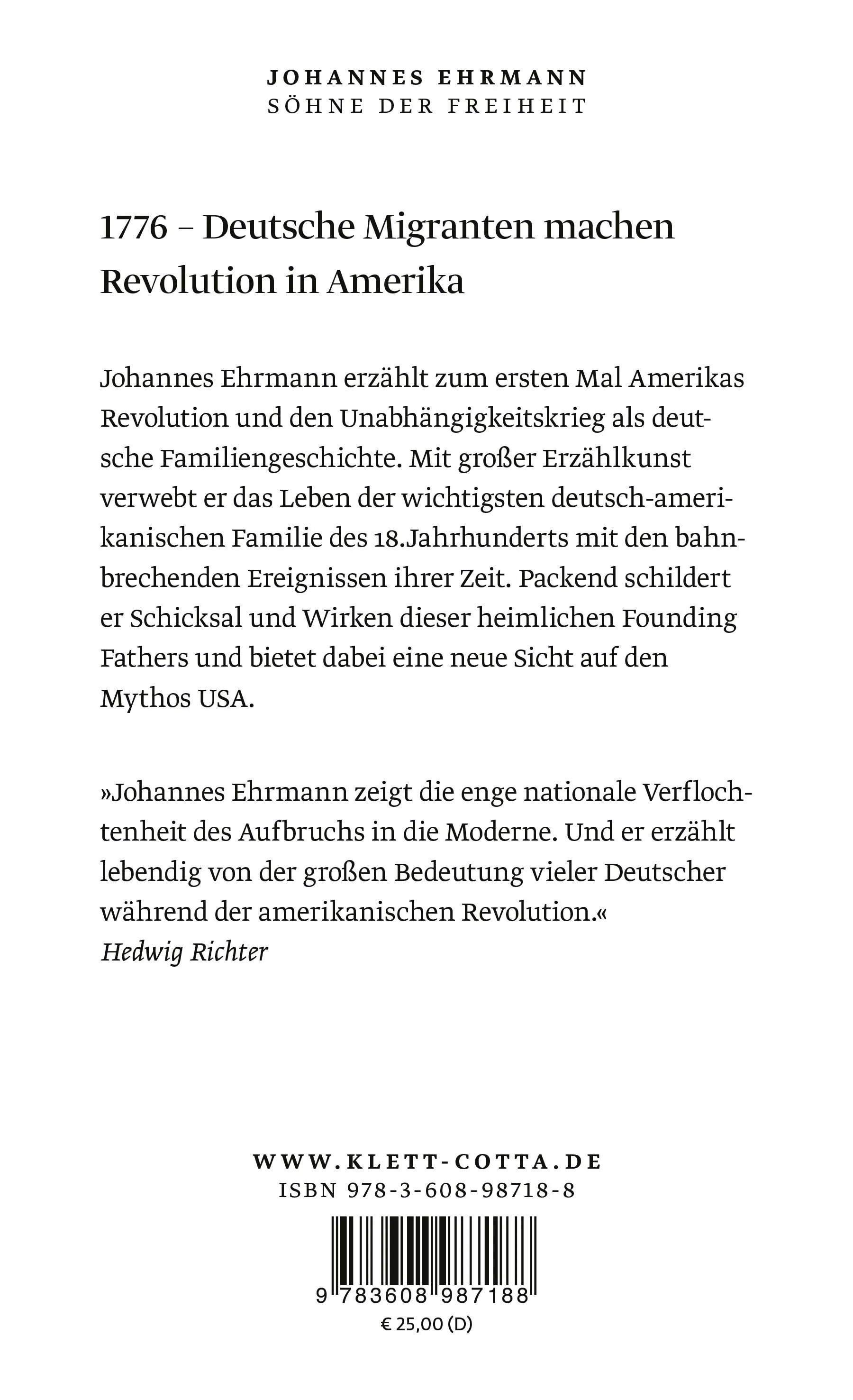 Buchrückseite von 'Söhne der Freiheit' mit Klappentext - Gebundene Ausgabe