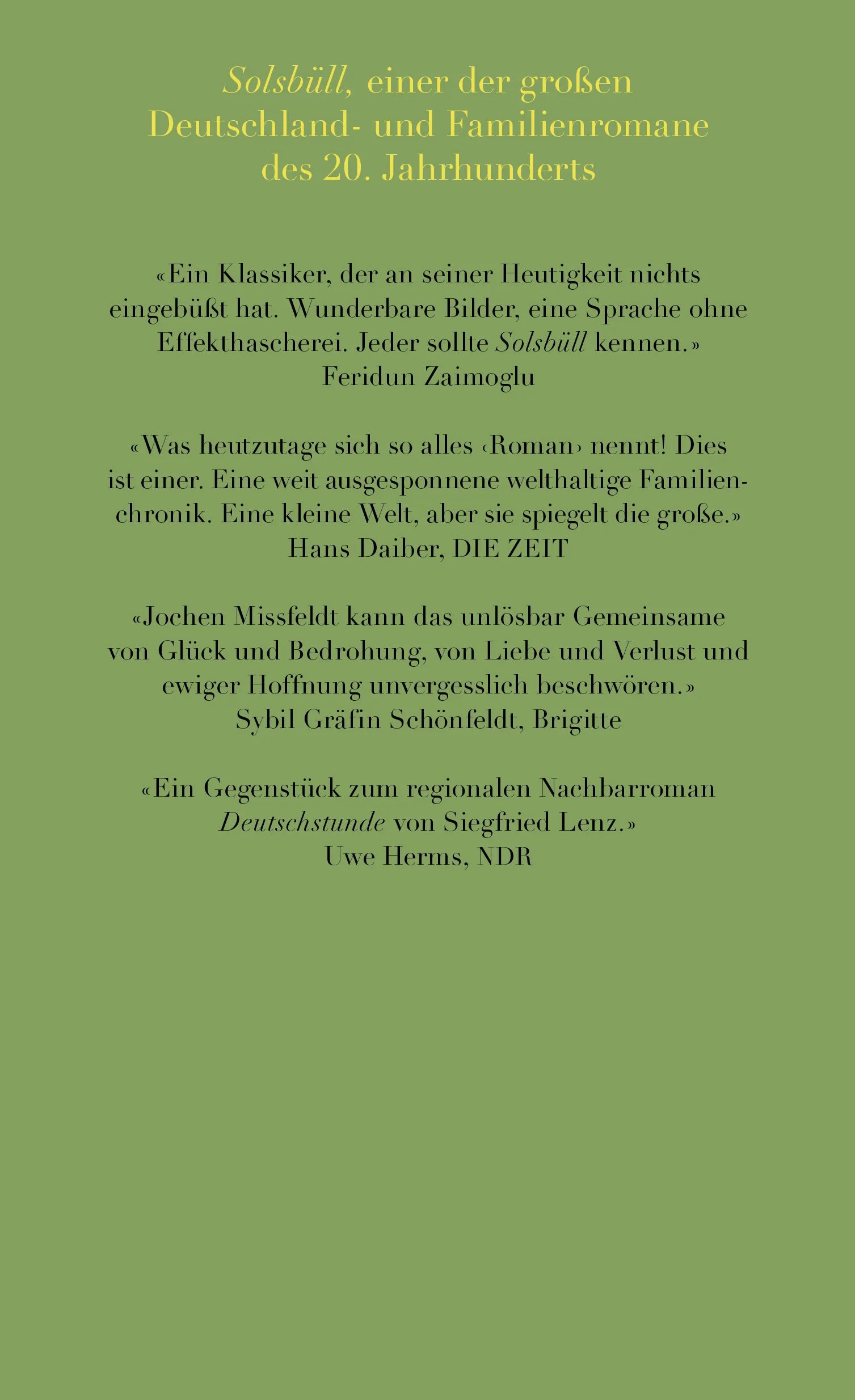 Buchrückseite von 'Solsbüll' mit Klappentext - Gebundene Ausgabe