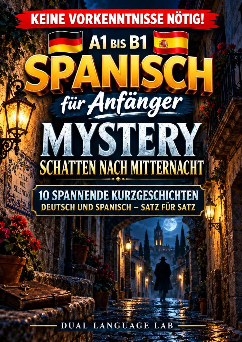 Cover: Spanisch für Anfänger - Mystery Kurzgeschichten: Schatten nach Mitternacht (E-Book) von Dual Language Lab