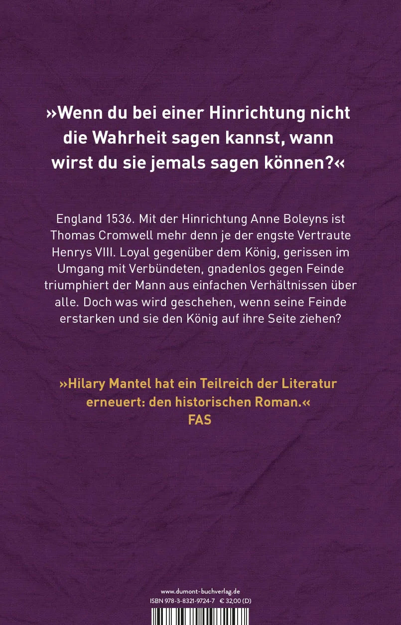Buchrückseite von 'Spiegel und Licht' mit Klappentext - Gebundene Ausgabe