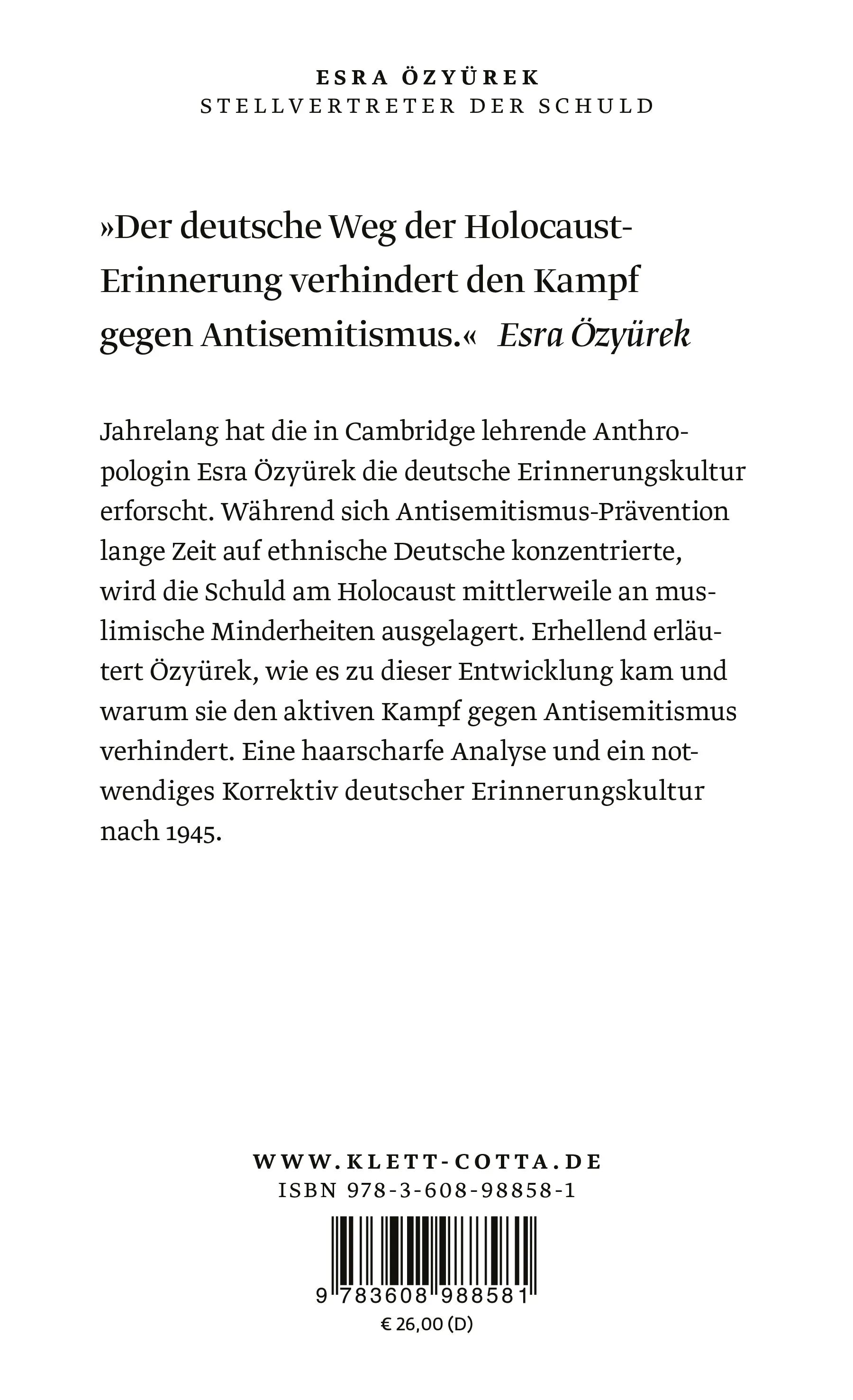 Buchrückseite von 'Stellvertreter der Schuld' mit Klappentext - Gebundene Ausgabe