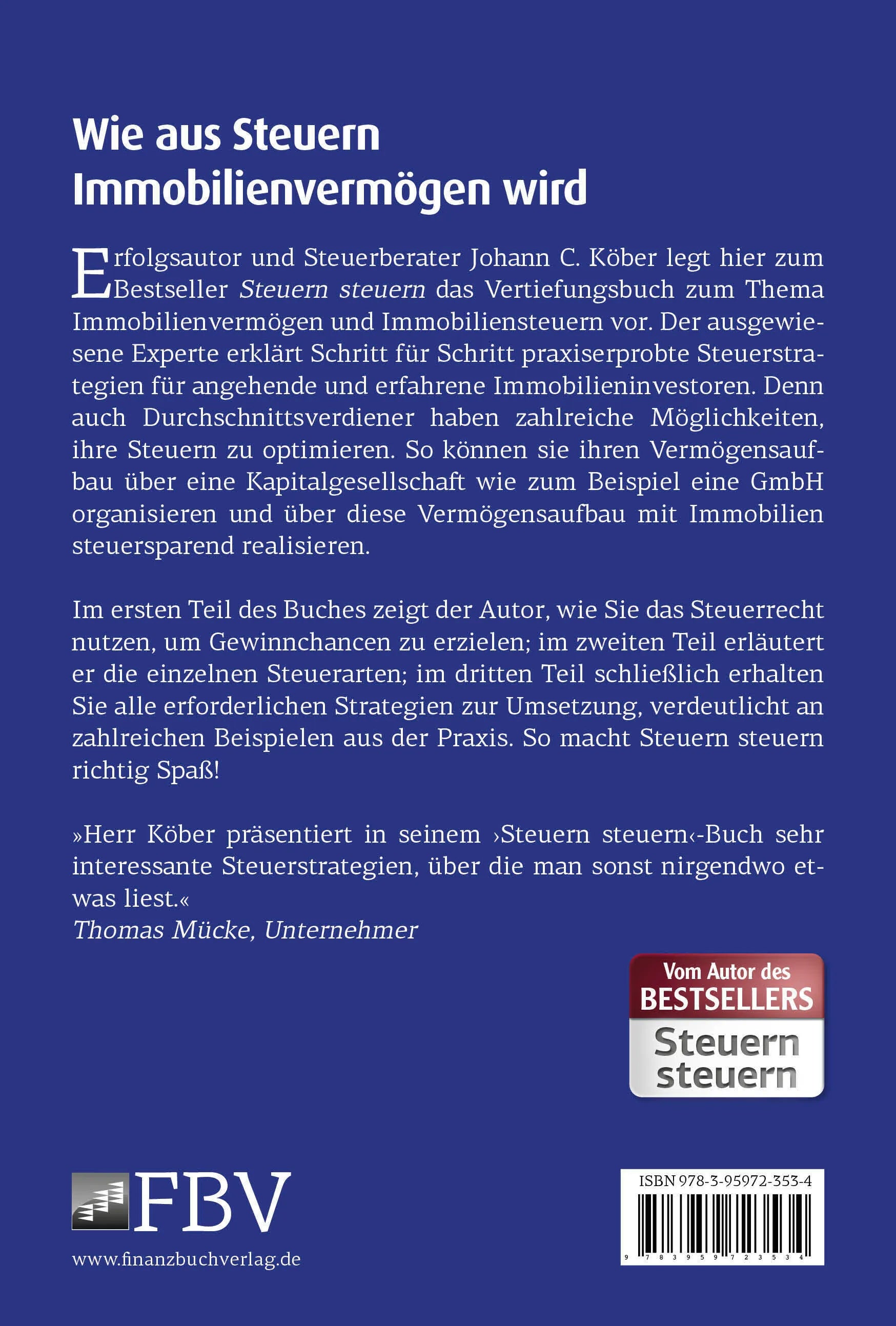 Buchrückseite von 'Steuern steuern mit Immobilien' mit Klappentext - Gebundene Ausgabe