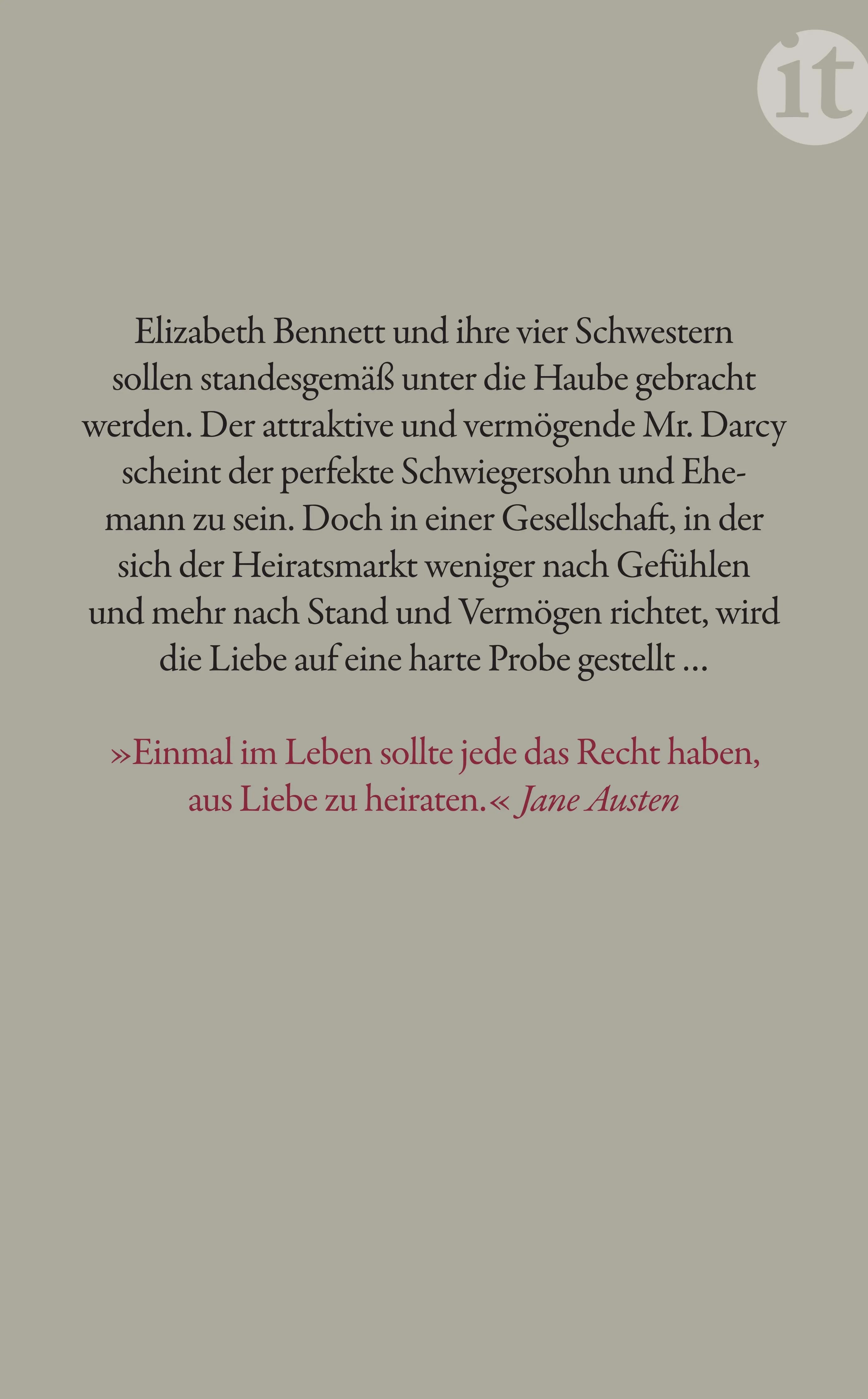 Buchrückseite von 'Stolz und Vorurteil' mit Klappentext - Taschenbuch