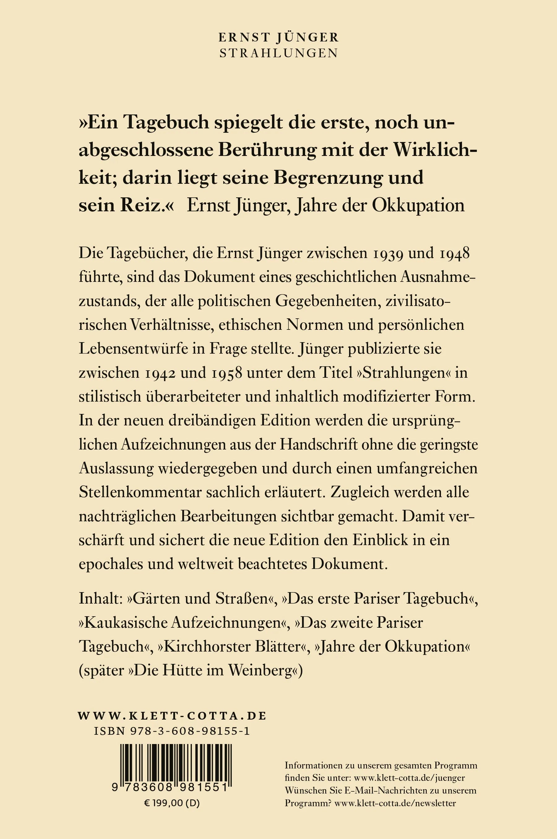 Buchrückseite von 'Strahlungen' mit Klappentext - Gebundene Ausgabe