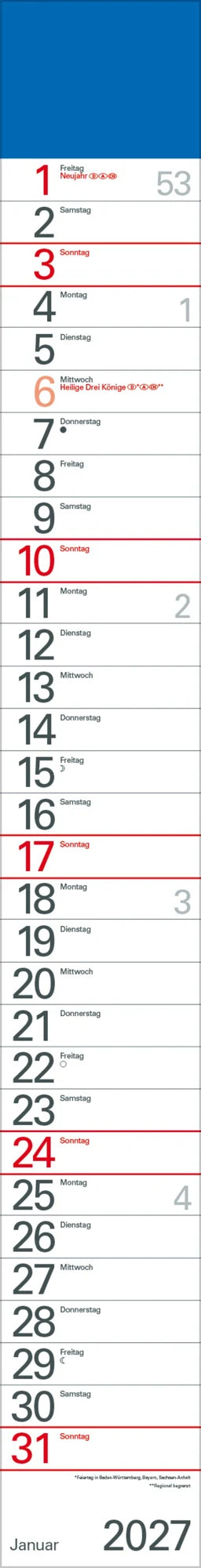 Wandkalender: Streifenplaner Blau 2027