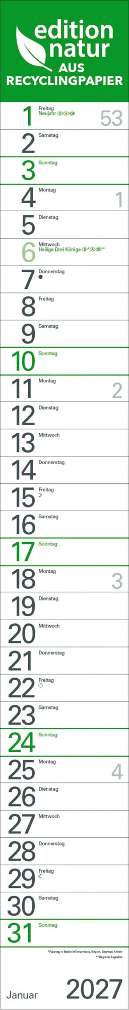 Wandkalender: Streifenplaner Grün Recyclingpapier Edition Natur 2027