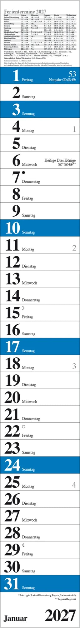 Wandkalender: Streifenplaner Praktika Blau 2027