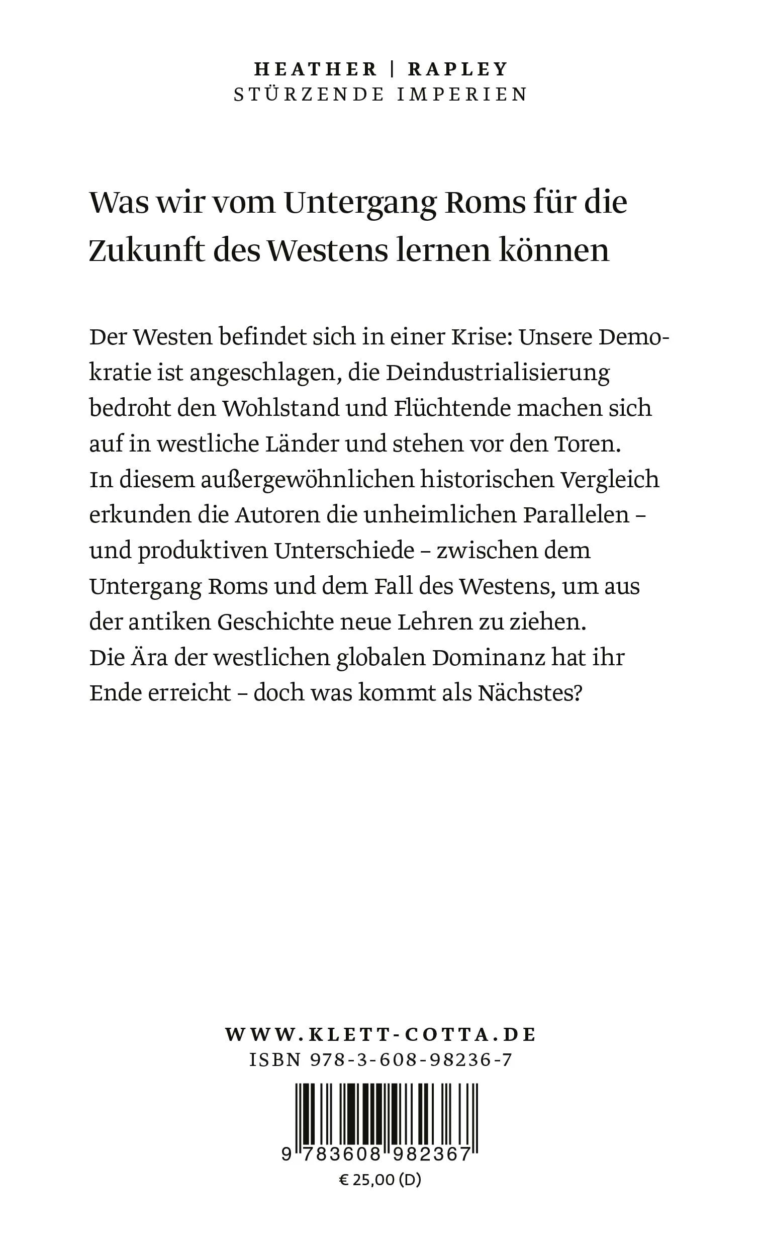 Buchrückseite von 'Stürzende Imperien' mit Klappentext - Gebundene Ausgabe