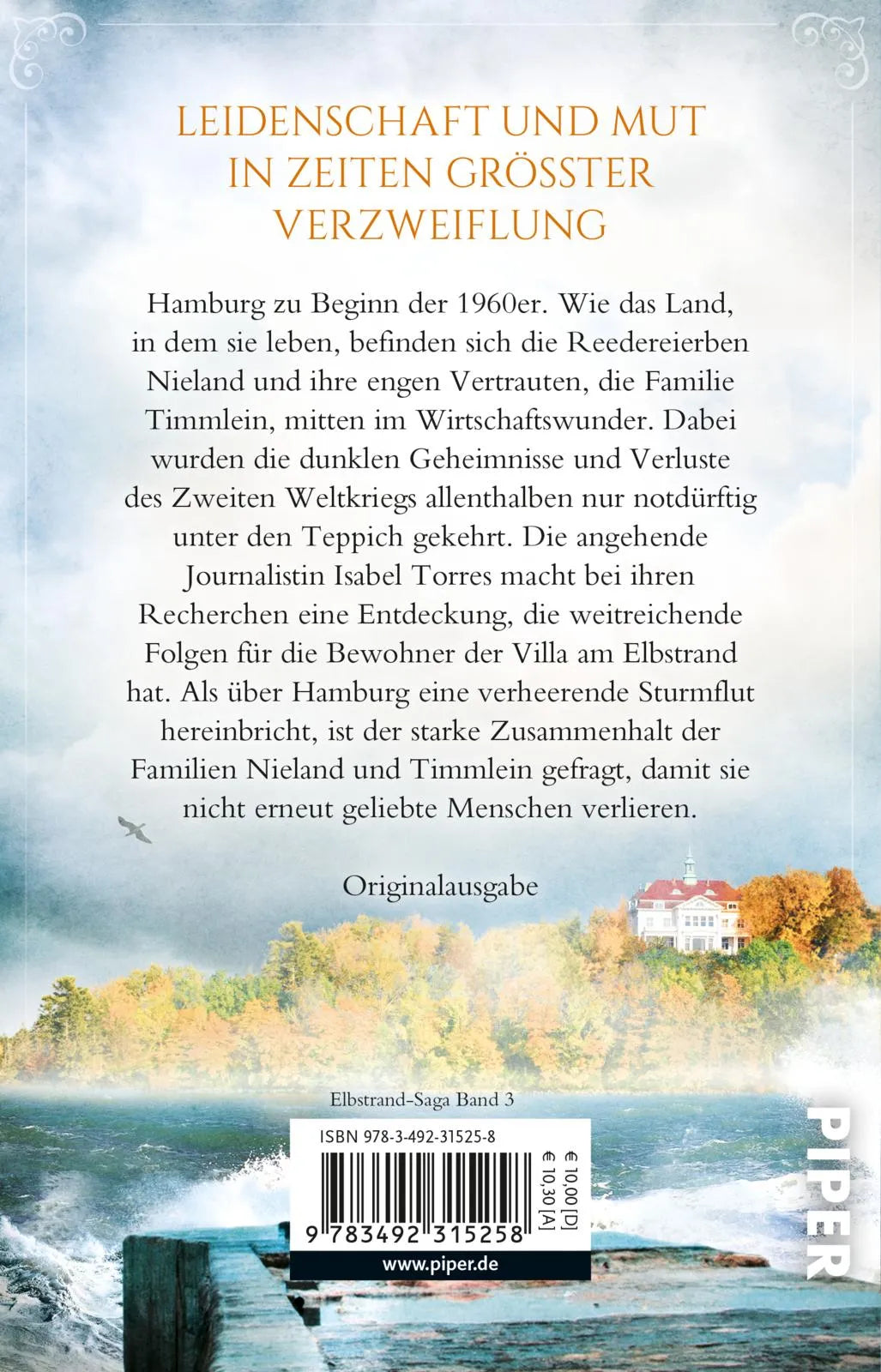 Buchrückseite von 'Sturm über der Villa am Elbstrand' mit Klappentext - Taschenbuch