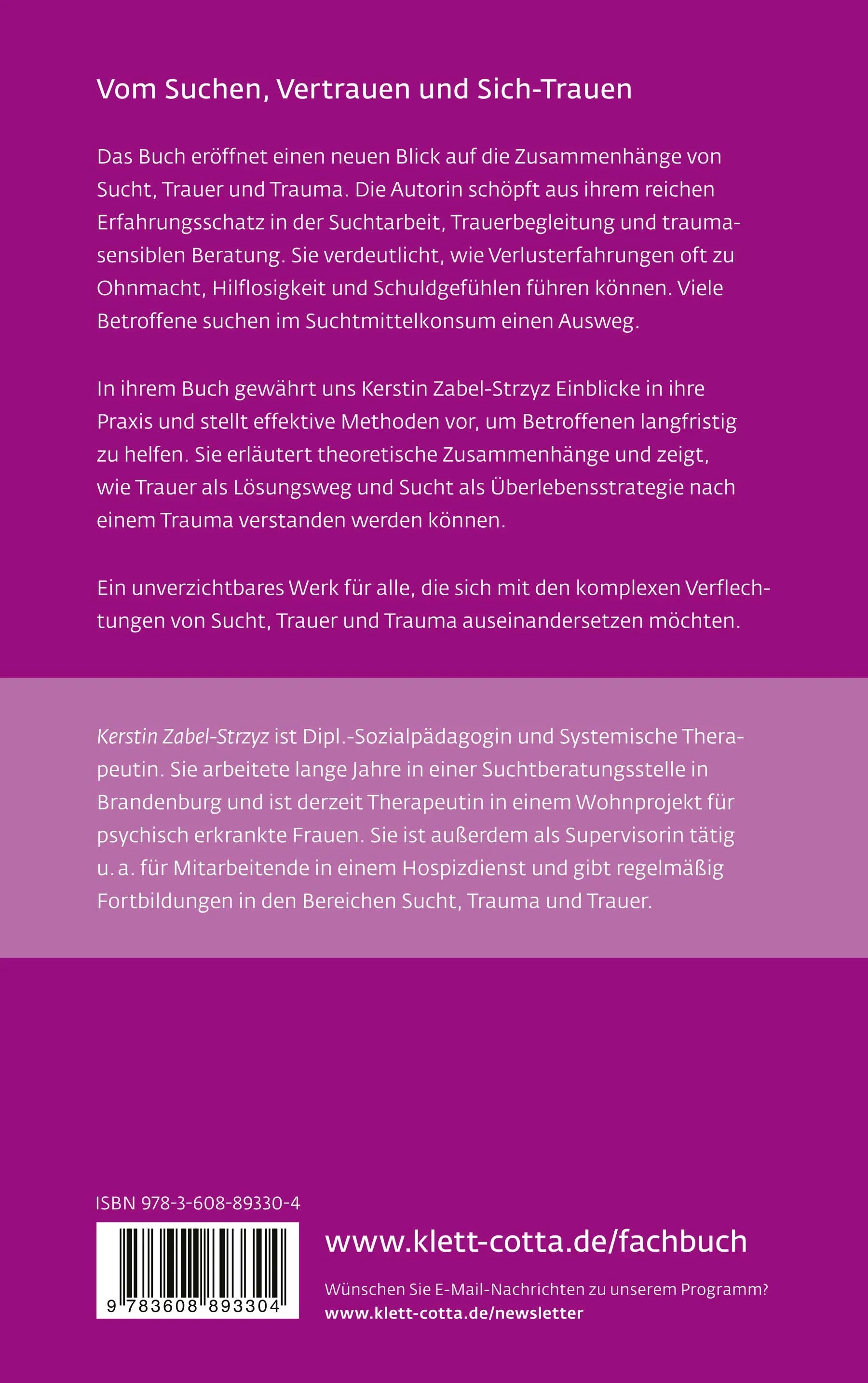 Buchrückseite von 'Sucht – Trauer – Trauma' mit Klappentext - Paperback