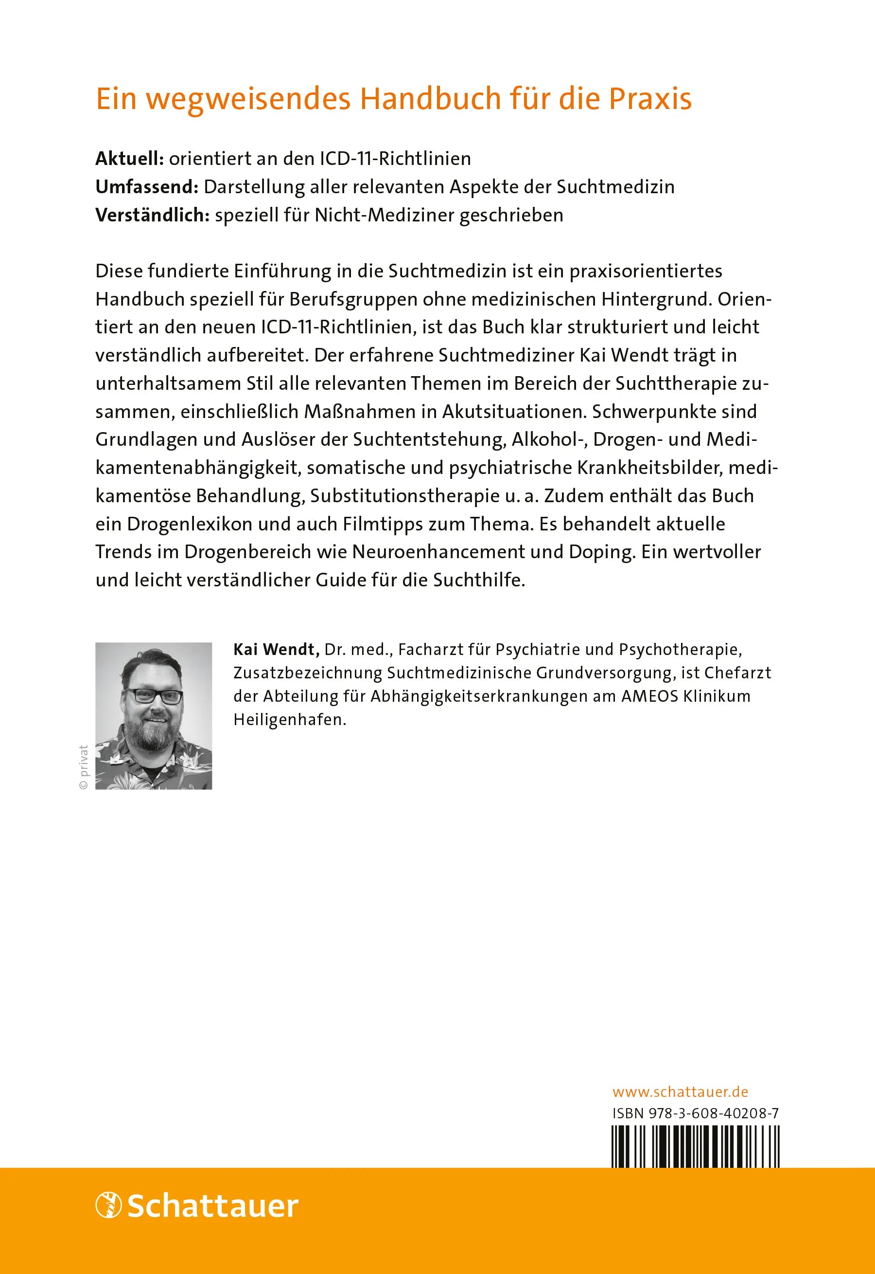 Buchrückseite von 'Suchtmedizin für Nicht-Mediziner' mit Klappentext - Paperback